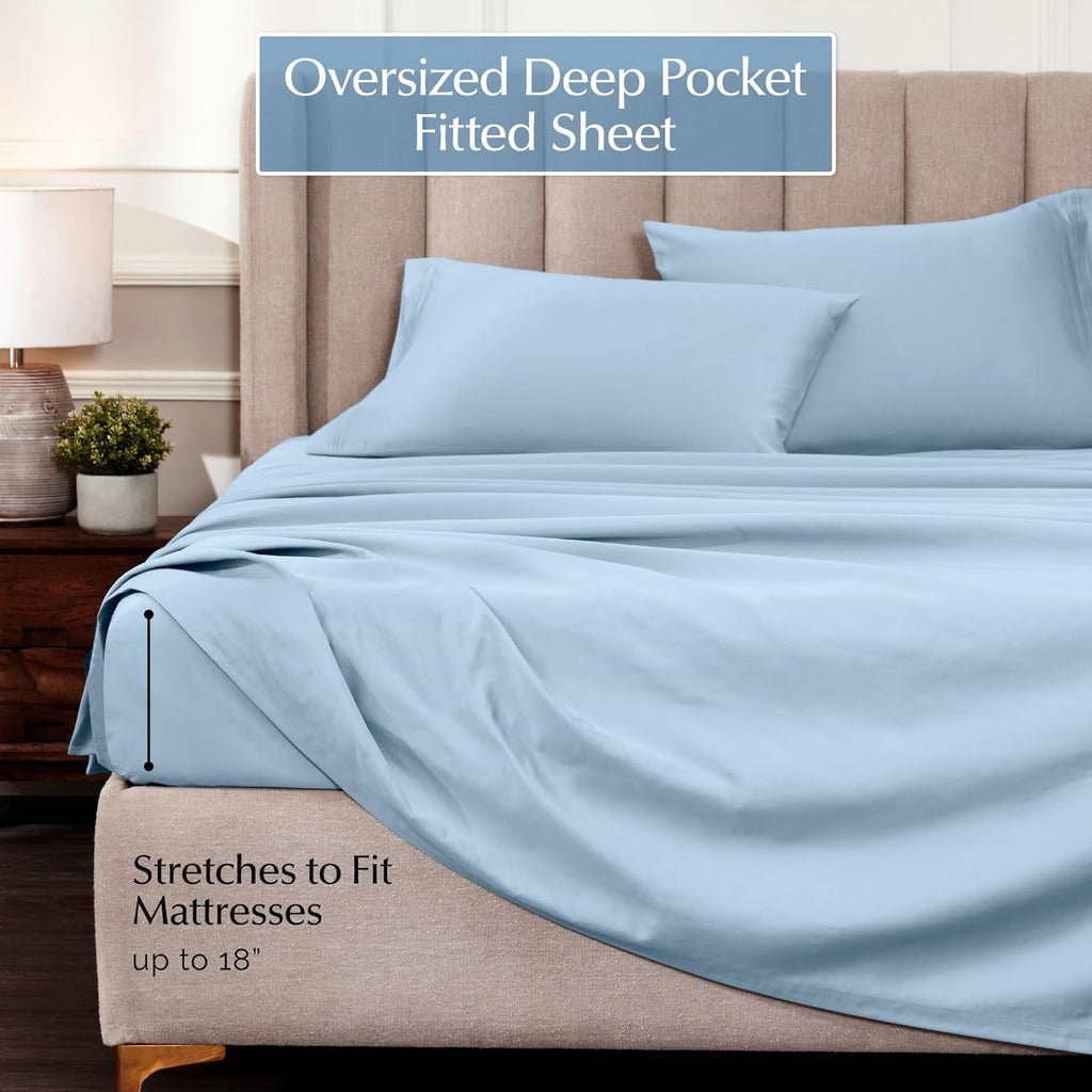 Superior Egyptian Cotton 4 Piece Sheet Set, Luxury 1000 Thread Count, Modern Design, Sustainable Sheets, Ultra-Soft Basics, Solid, Deep Pocket Fitted Sheet, Flat Sheet, Pillowcases, King, Light Blue