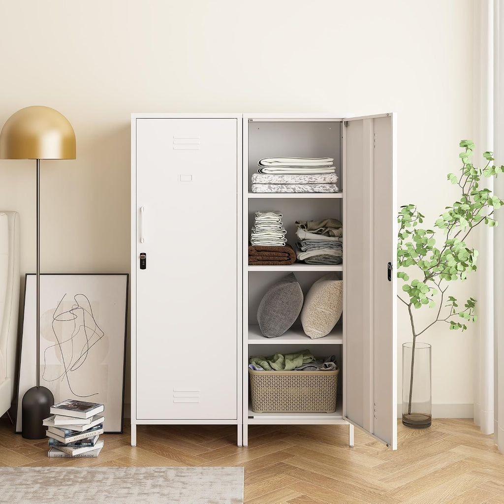 Steehoom Metal Locker Cabinet with Lock, Steel File Locker with Door and 3 Adjustable Narrow Storage Cabinet Shelves 59.06-inch high for School, Living Room, Bedroom, Office (White, H59.06'')