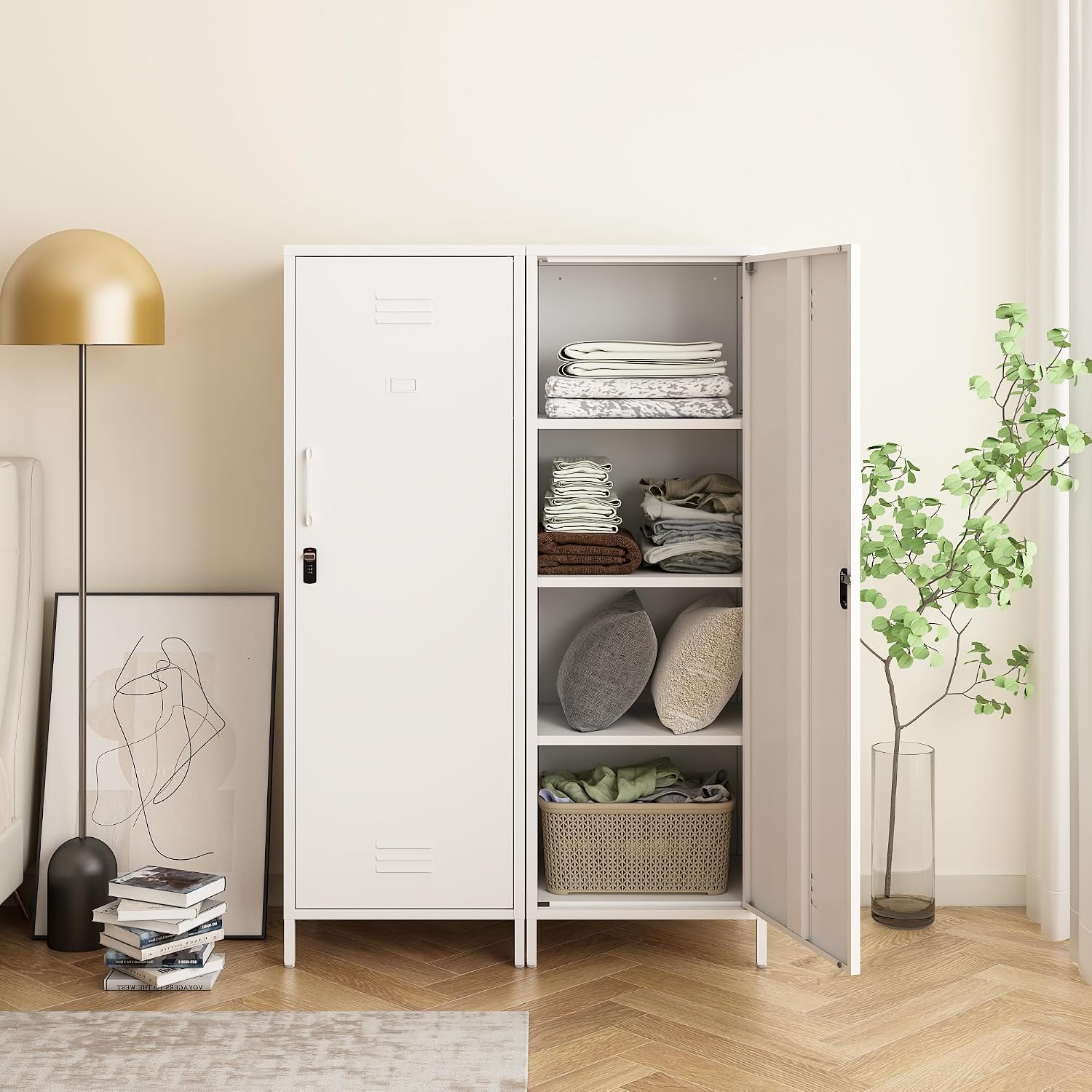 Steehoom Metal Locker Cabinet with Lock, Steel File Locker with Door and 3 Adjustable Narrow Storage Cabinet Shelves 59.06-inch high for School, Living Room, Bedroom, Office (White, H59.06'')