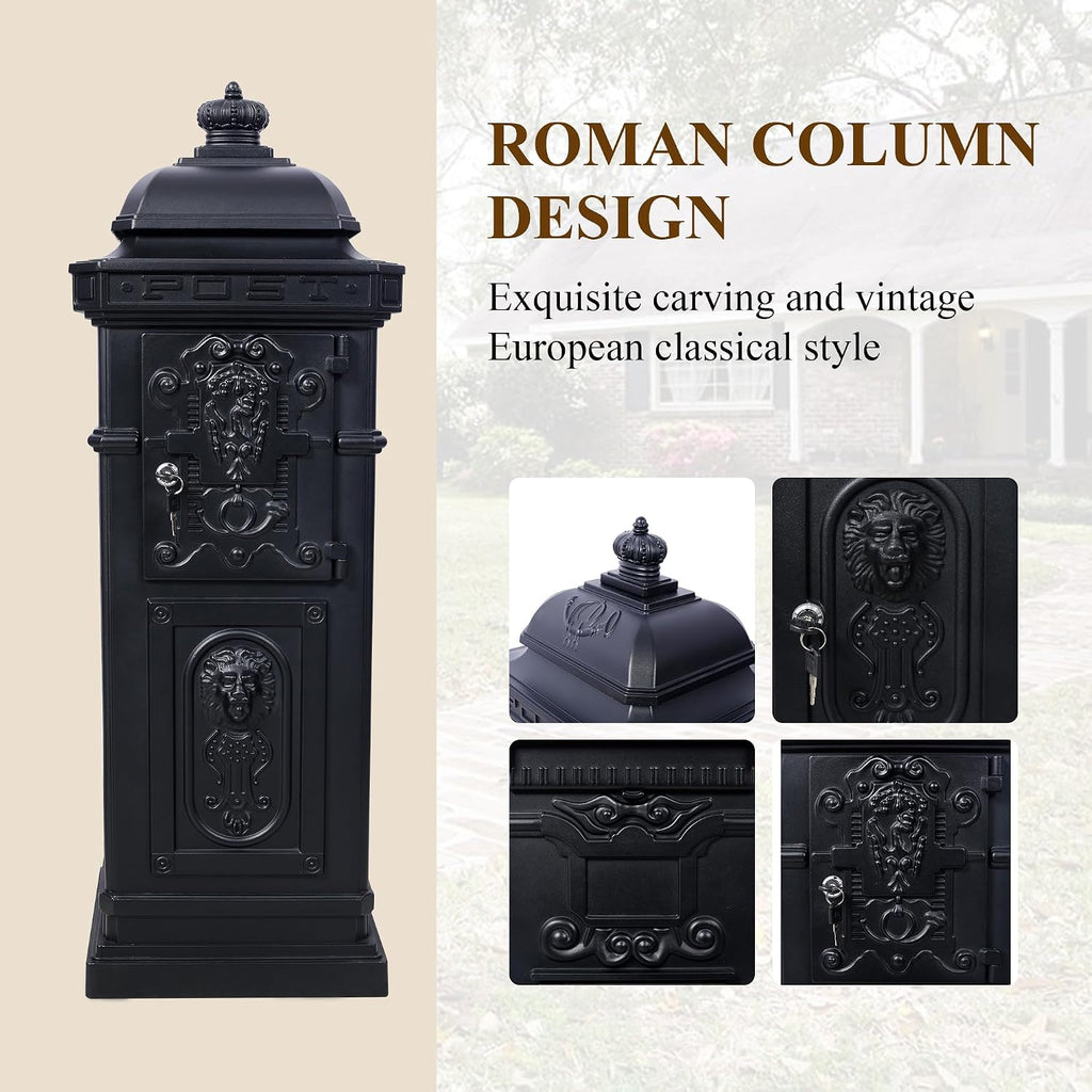 Vintage Large-Capacity Cast Aluminum Mailbox, Outdoor Weatherproof Floor Standing Postbox, Decorative Copper Finish Letter Box with Lock, Roman Column Design for Home Use (Black)