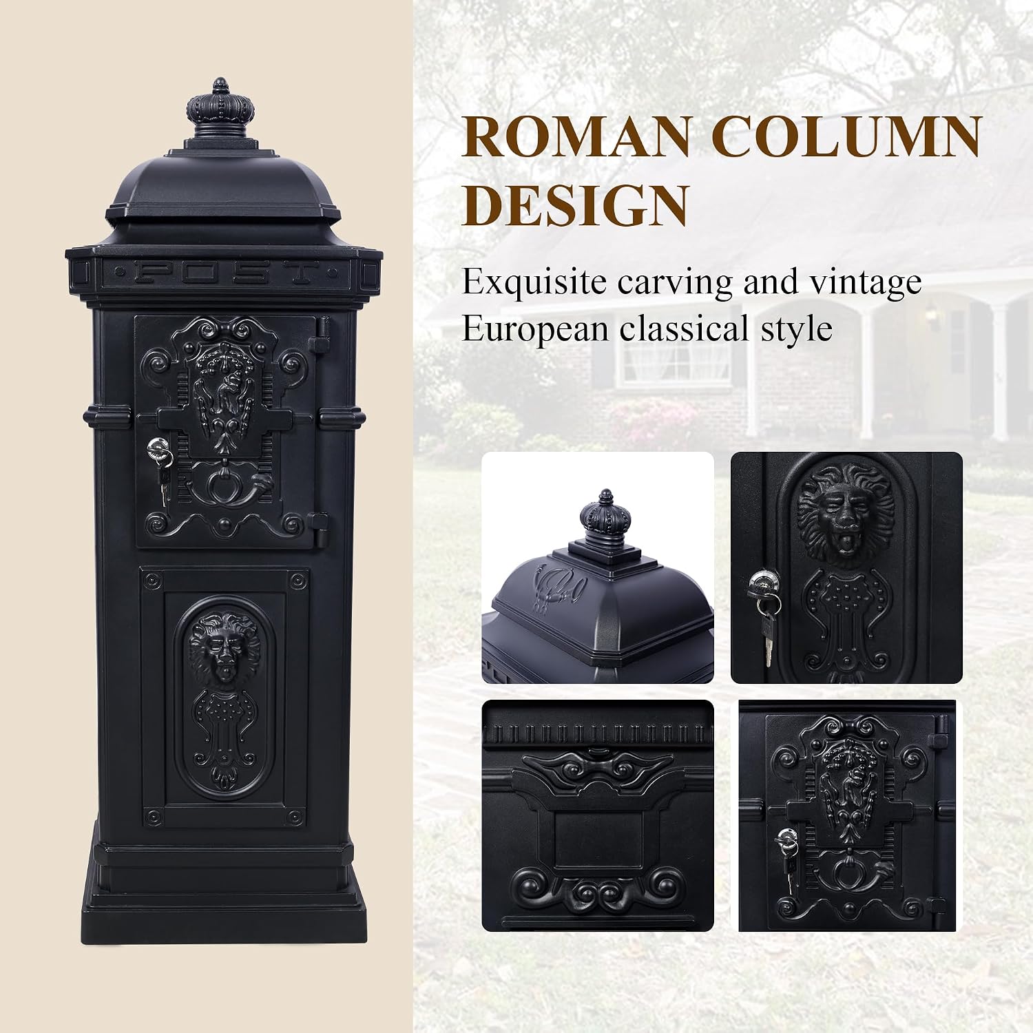 Vintage Large-Capacity Cast Aluminum Mailbox, Outdoor Weatherproof Floor Standing Postbox, Decorative Copper Finish Letter Box with Lock, Roman Column Design for Home Use (Black)
