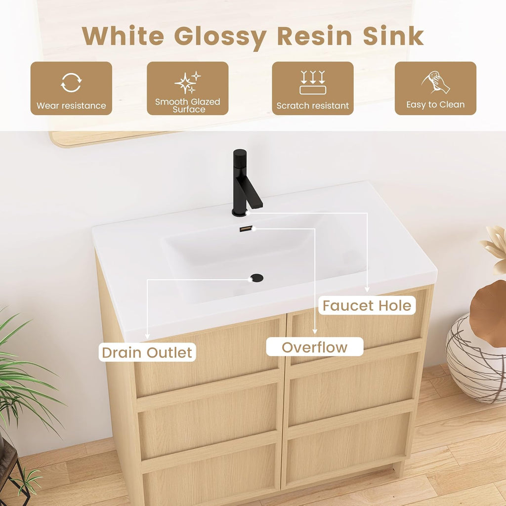 36 Inch Bathroom Vanity with Sink, 36' Freestanding Storage Cabinet Combo, 2 Soft Close Doors and Resin Basin, Modern Brown Floor Standing Vanity Set, Plywood Construction
