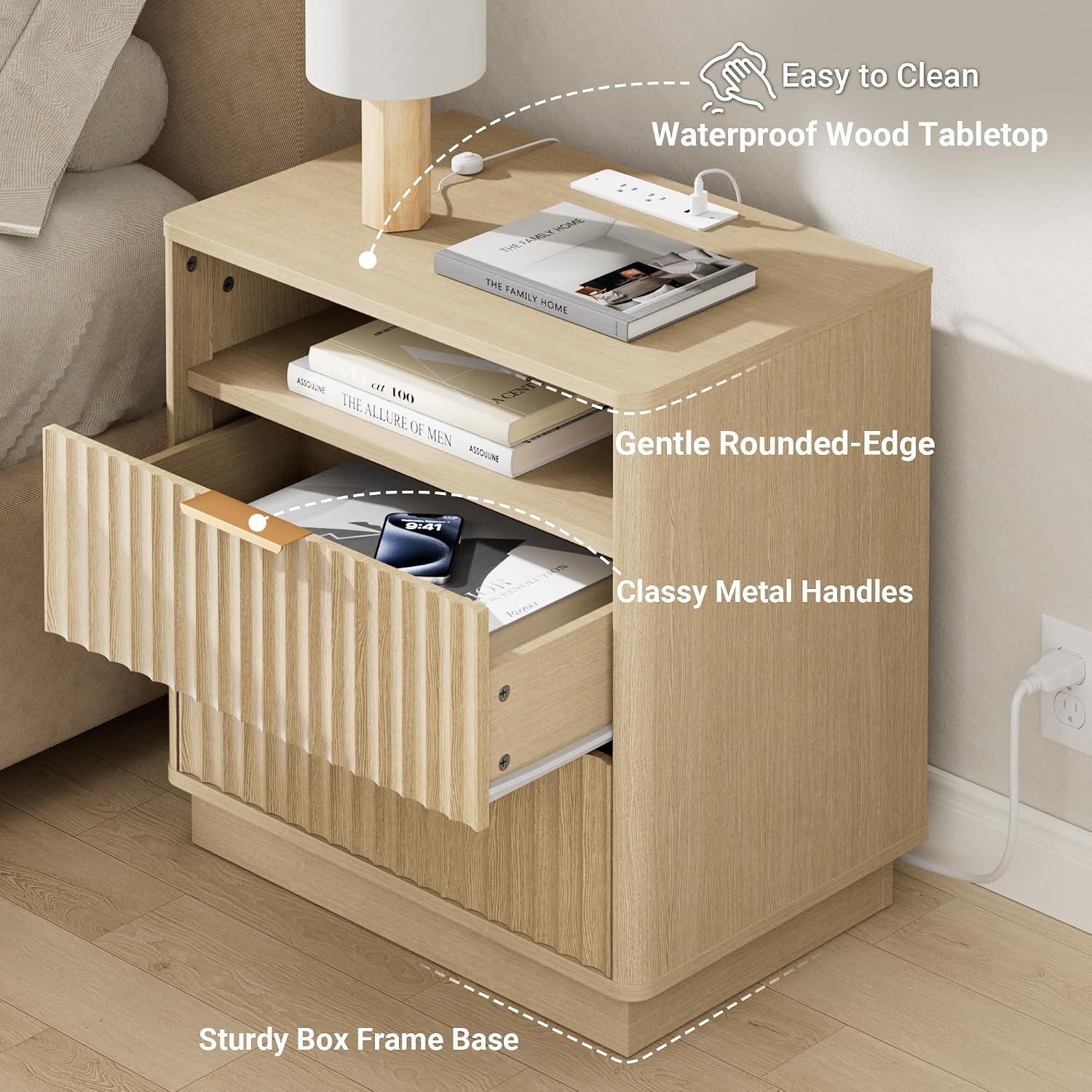Fluted Nightstand, 23' Wide Night Stand, Modern Nightstand with Charging Station, 2 Drawer Large End Table w/Storage, Bedside Table for Bedroom Sofa Home Office, Curved Corners, Natural Oak