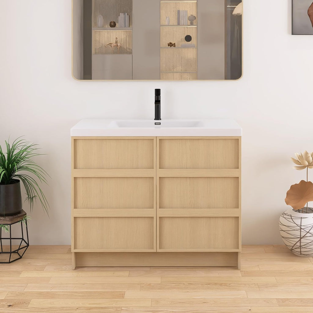 42 Inch Bathroom Vanity with Sink, 42' Freestanding Storage Cabinet Combo, 2 Soft Close Doors and Resin Basin, Modern Brown Floor Standing Vanity Set, Plywood Construction