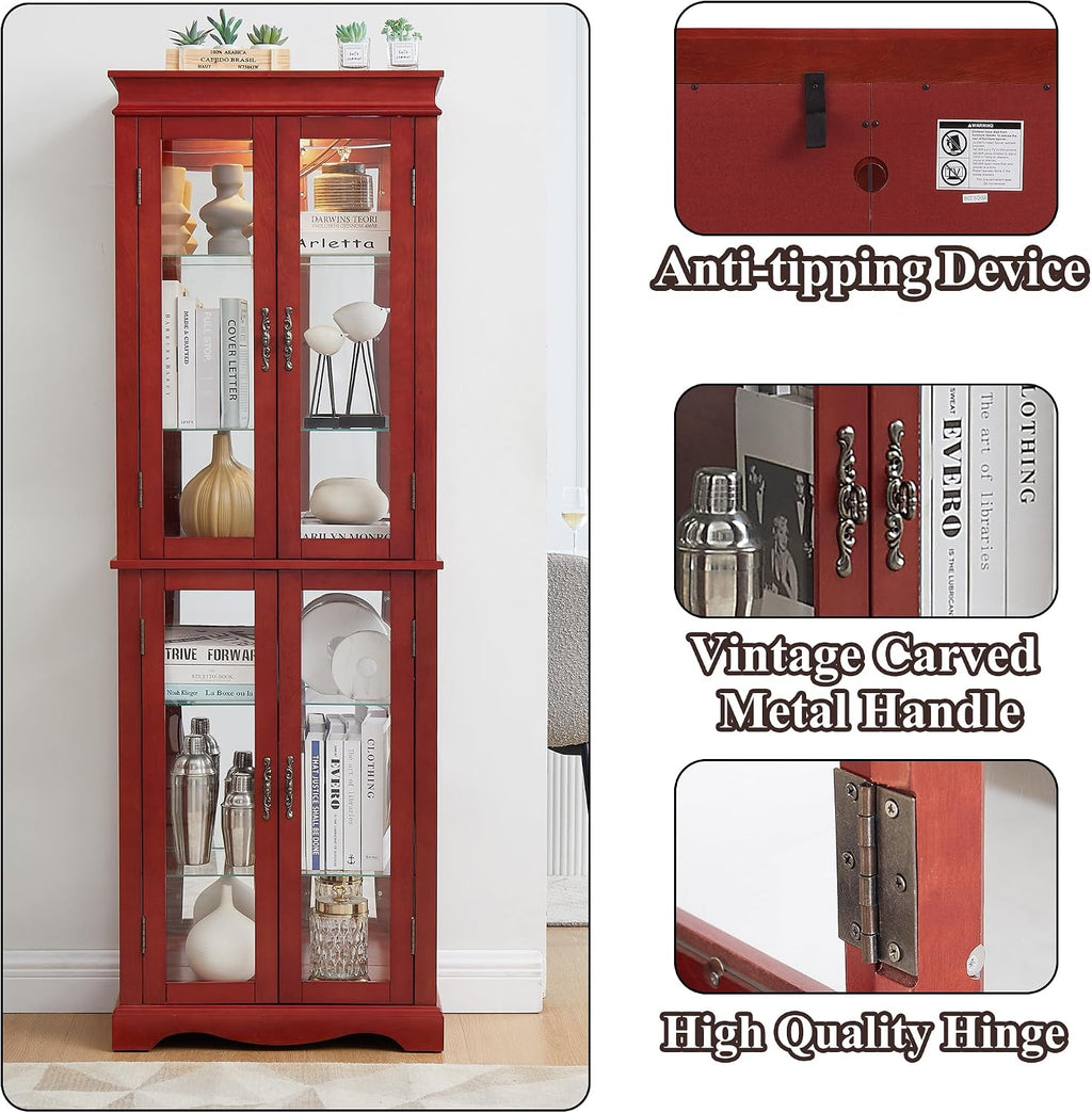 70' H Lighted Curio Cabinet Display Case, Glass Curio Cabinets with Adjustable Shelves and Tempered Glass Door, Wooden Cabinet w/Mirrored Back Pane for Living Room (Cherry)