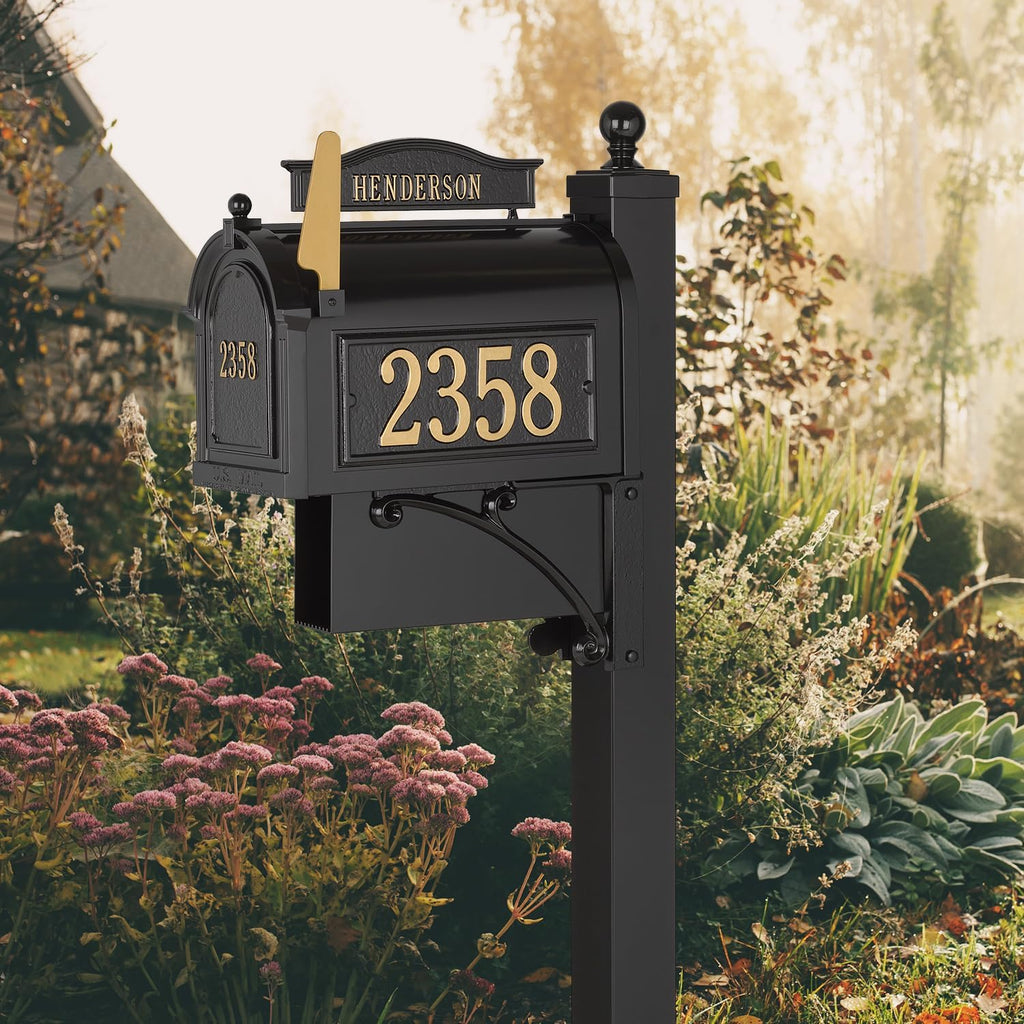 Whitehall Ultimate Mailbox Package, Personalized Large Mailbox with Post and Address Plaque for Outside - Black/Gold