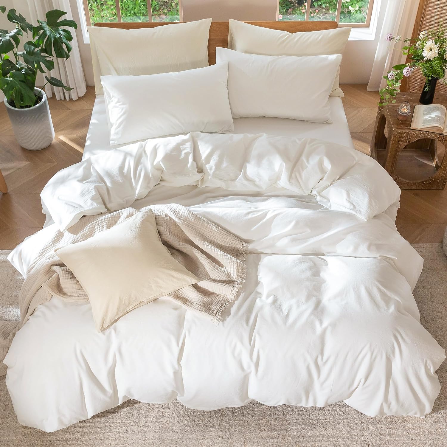 MooMee Bedding Duvet Cover Set 100% Washed Cotton Linen Like Textured Breathable Durable Soft Comfy (Solid Off White, Alaska King 132'x120')