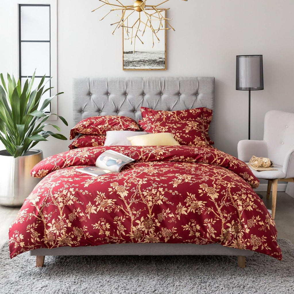 Eikei Eastern Floral Chinoiserie Blossom Print Duvet Quilt Cover Navy Blue Tan White Asian Style Botanical Tree Branches Ornamental Drawing 400TC Egyptian Cotton 3pc Bedding Set (King, Garnet)