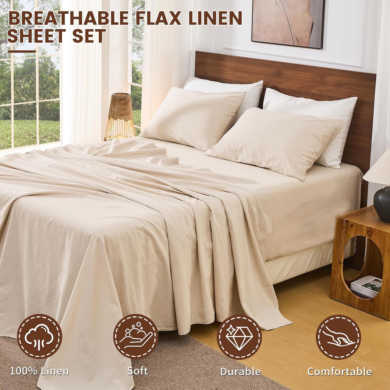 Bedlifes 100% French Flax Linen Sheets Set King Size - 6 Piece Extra Deep Pocket 18-24',Soft Breathable King Bed Sheets with Temperature Regulating & Moisture-Wicking(Linen