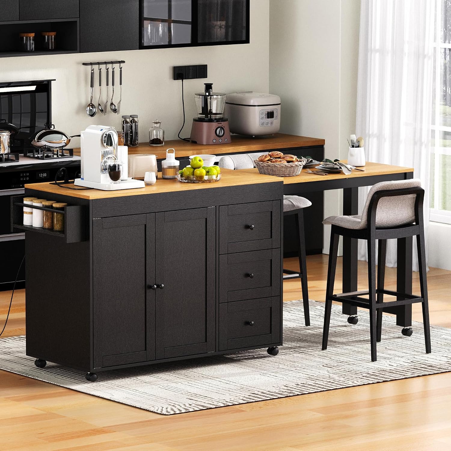 RUNNA Kitchen Island with Extendable Dining Table,Storage Cart with 3 Drawers,Power Outlet,Rolling Island on Wheels with Spice Rack and 2 Door Cabinet,for Kitchen (Black@01)