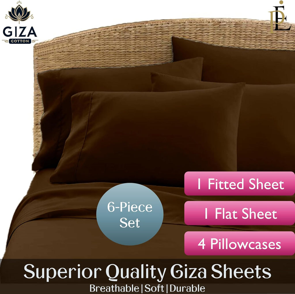 100% Giza Cotton, 1000 Thread Count, 6-PC Bed Sheet Set [Queen Size, Chocolate Color] 18 inches Deep Pockets, Long Staple Cotton Breathable Soft Silky Sateen Weave