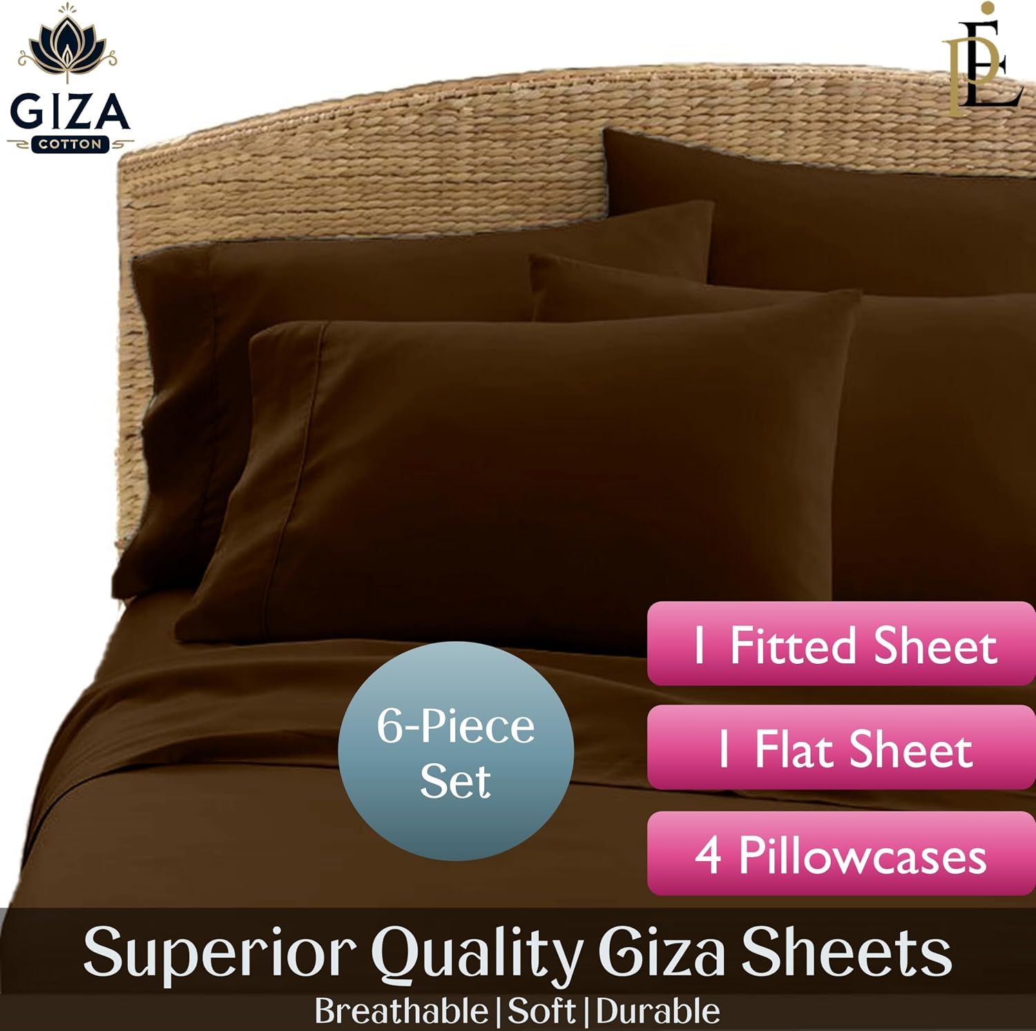 100% Giza Cotton, 1000 Thread Count, 6-PC Bed Sheet Set [Queen Size, Chocolate Color] 18 inches Deep Pockets, Long Staple Cotton Breathable Soft Silky Sateen Weave