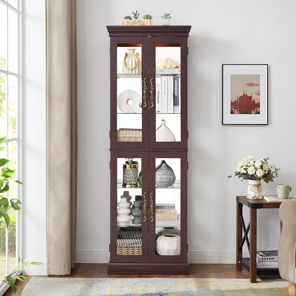 71' H Lighted Curio Cabinet Display Case, Glass Curio Cabinets with Adjustable Shelves and Tempered Glass Door, Wooden Cabinet w/Mirrored Back Pane for Living Room (Dark Cherry)