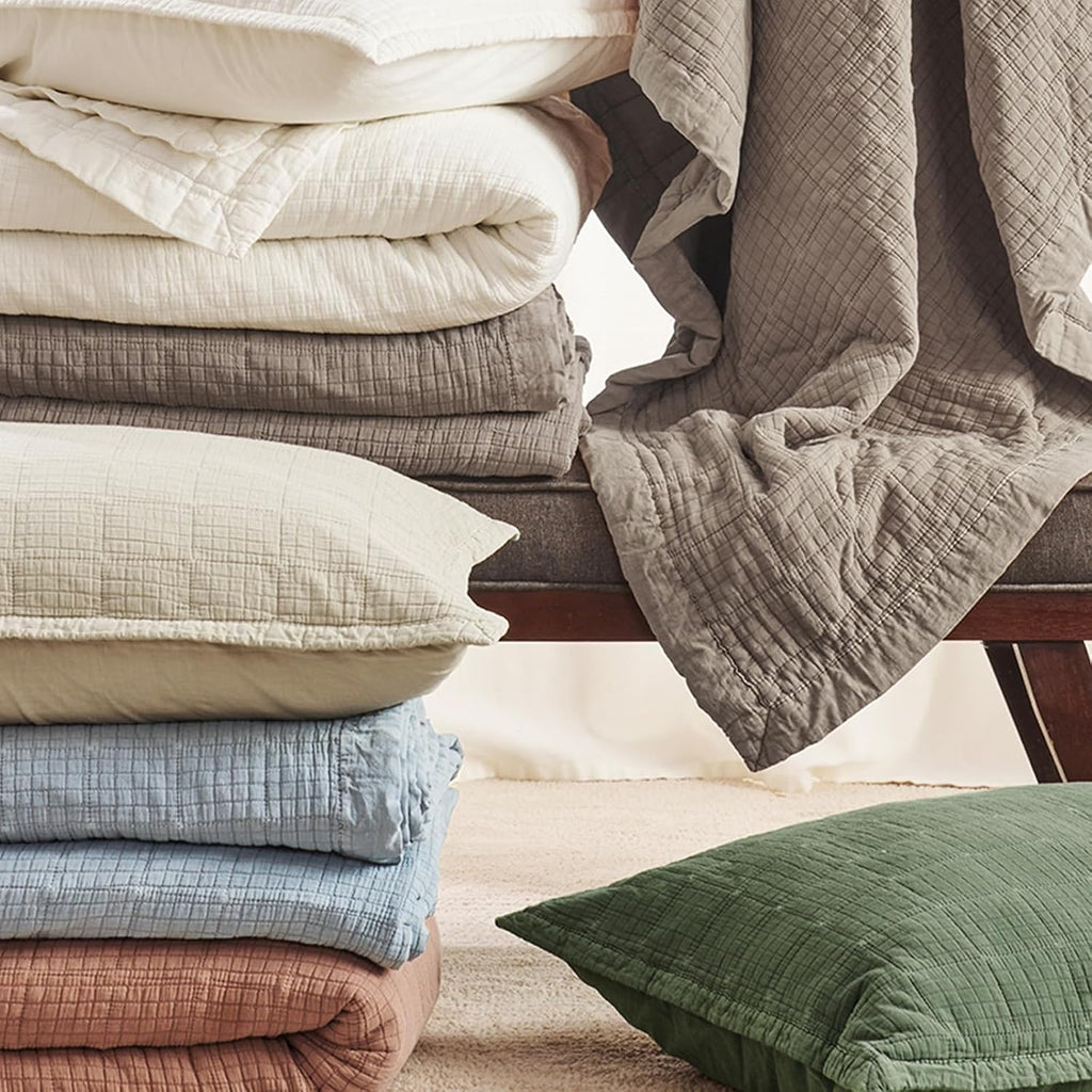 EVERGRACEHOME Stonewashed Cotton Quilt Set Queen Size, Ultra Soft Oversized Bedspread Coverlet Set, Lightweight Crinkle Box Stitch Bedding Sets for All Season, with 2 Matching Shams, Blue Linen