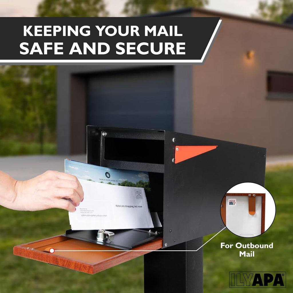 Ilyapa Locking Mailbox with Lock and Key Modern Mailboxes for Outside Post Mount - Black/Wood Powder Coated Steel, All Weather & Corrosion Resistant, Stainless Steel, Angled