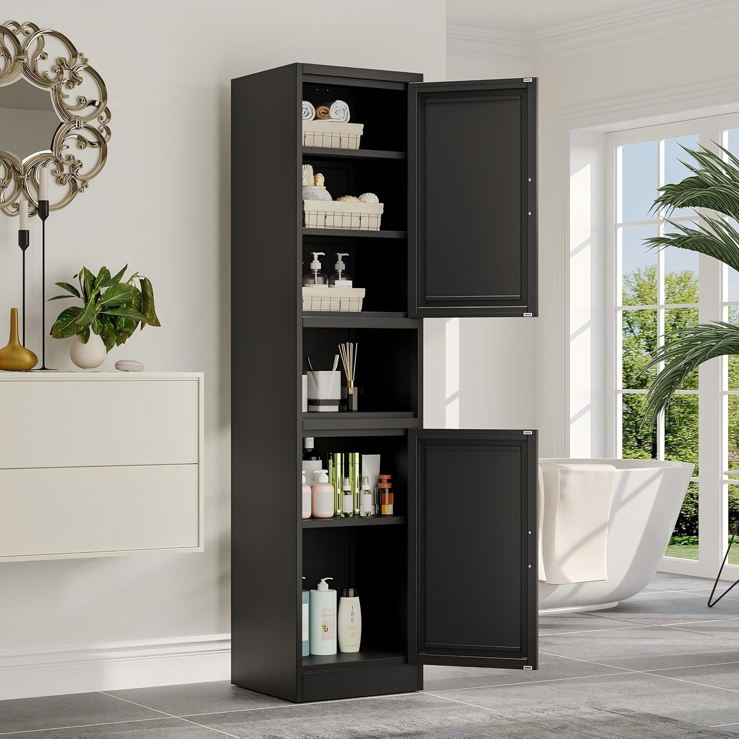 Metal Tall Narrow Kitchen Pantry Cabinet,Tall Bathroom Storage Cabinet,67' High Bathroom Organizers with Doors and Adjustable Shelves for Bathroom, Kitchen,Small Spaces