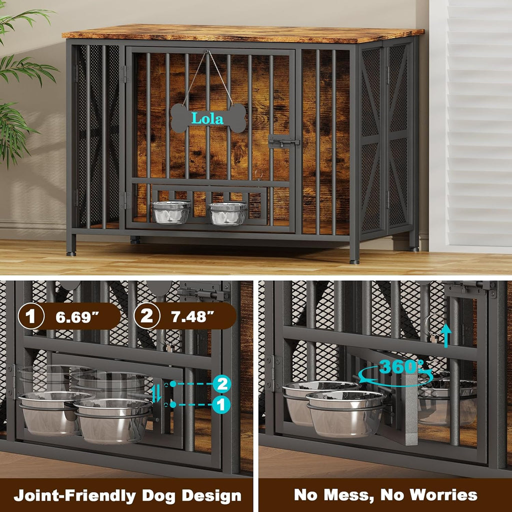 Easycom Foldable Large Dog Crate Furniture, 41.3' Assembly-Free Dog Crates for Large Dogs, Wooden Dog Kennel Indoor with Tag & Dog Bowls, Dog Cage Use as TV Stand, Rustic Brown