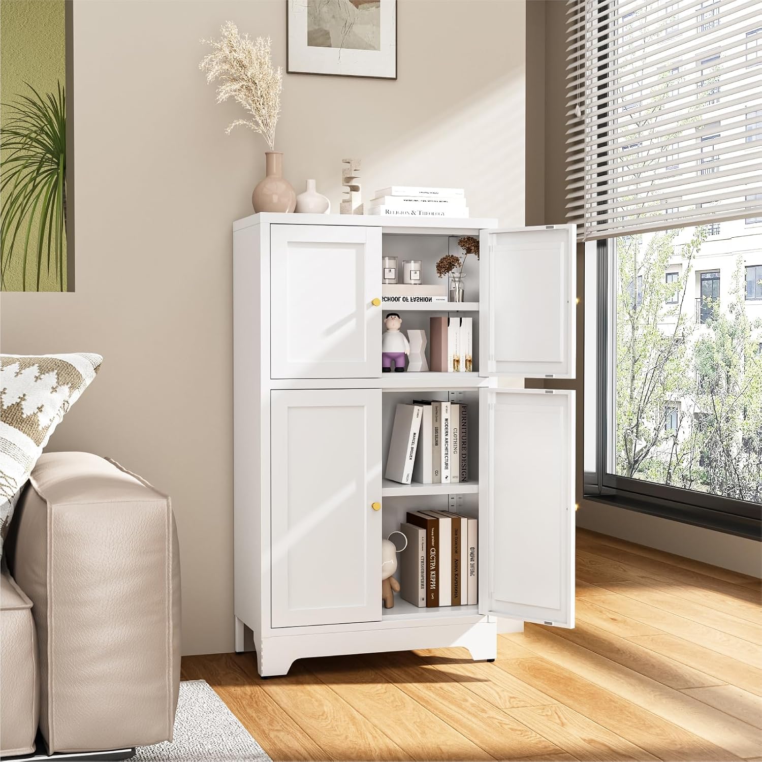 Metal Bathroom Storage Cabinet, Freestanding Pantry Floor Cabinet with 4 Doors and 2 Adjustable Shelves for Living Room, Dining Room, Kitchen