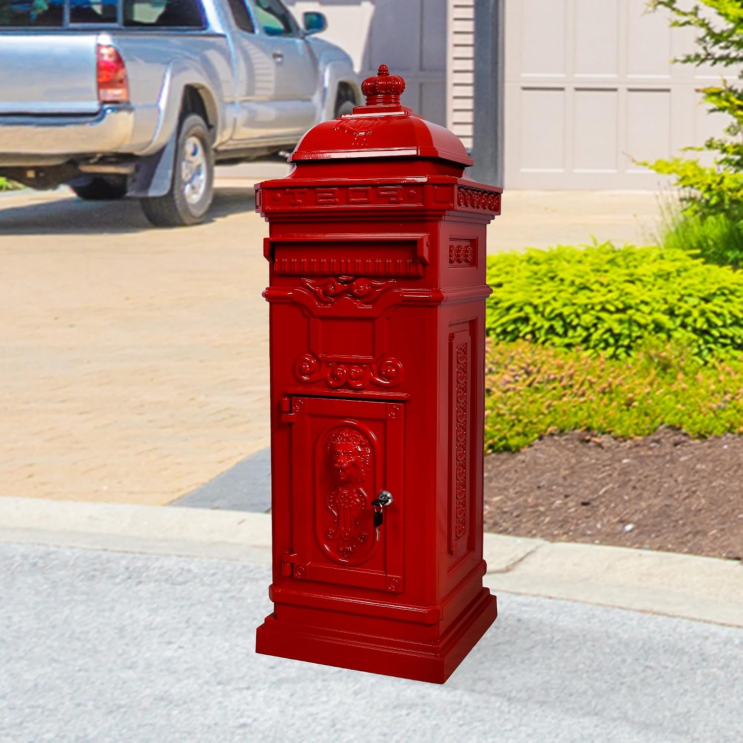Vintage Large-Capacity Cast Aluminum Mailbox, Outdoor Weatherproof Floor Standing Postbox, Decorative Copper Finish Letter Box with Lock, Roman Column Design for Home Use (Red)