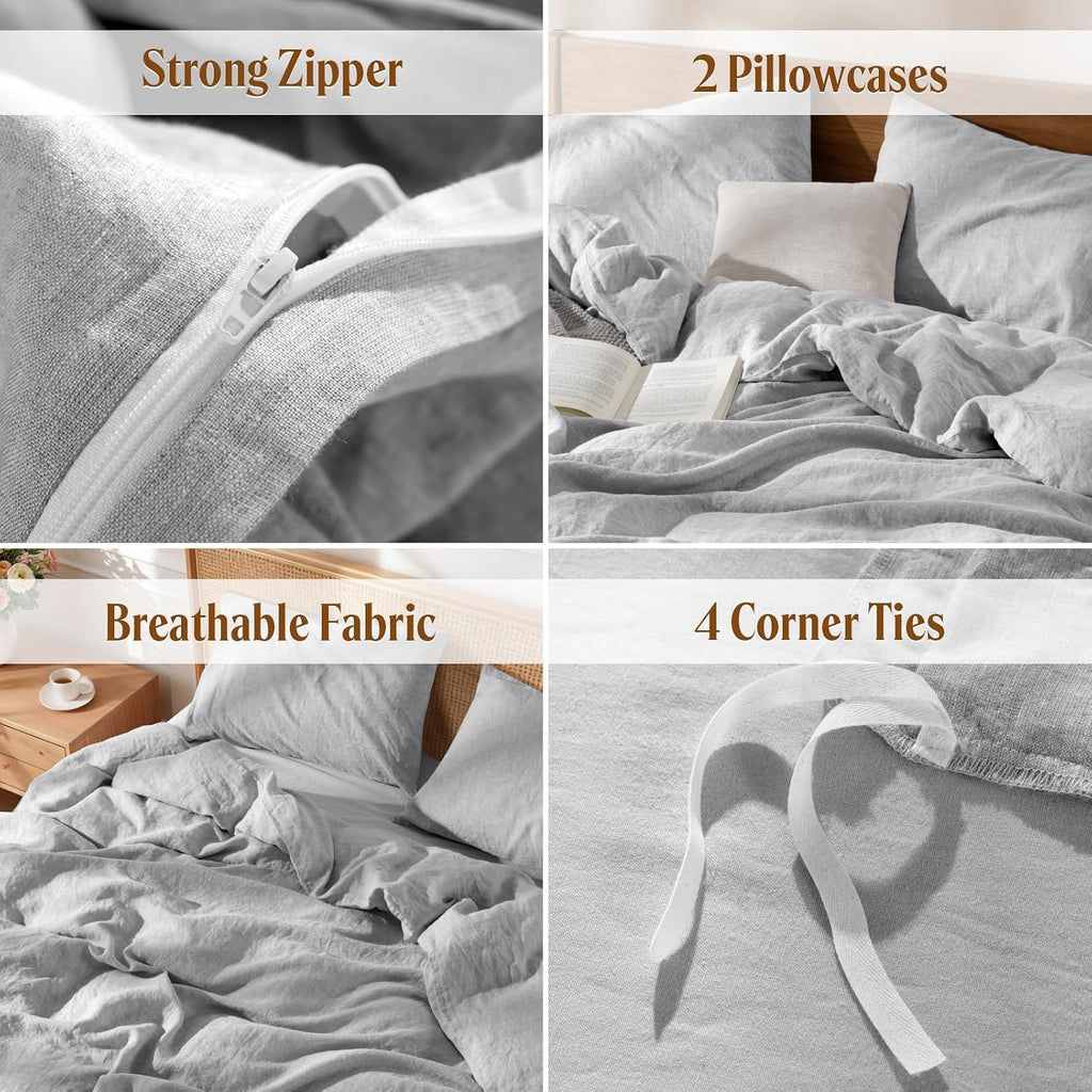 LBRO2M 100% France Linen Duvet Cover Set 3 Pcs Including 1 Flax Comforter Cover with Zipper Closure, 2 Pillowcase, Cozy Duvet Cover Queen Size, Gray
