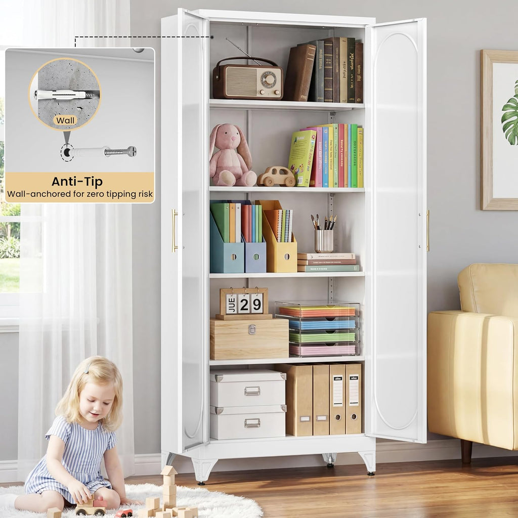 75' Tall Metal Storage Cabinet with 2 Doors and 4 Adjustable Shelves, 32'W x 16'D Heavy Duty Steel Pantry Cabinet for Kitchen, Garage, Home Office and Laundry Room, Cold-Rolled Steel, White