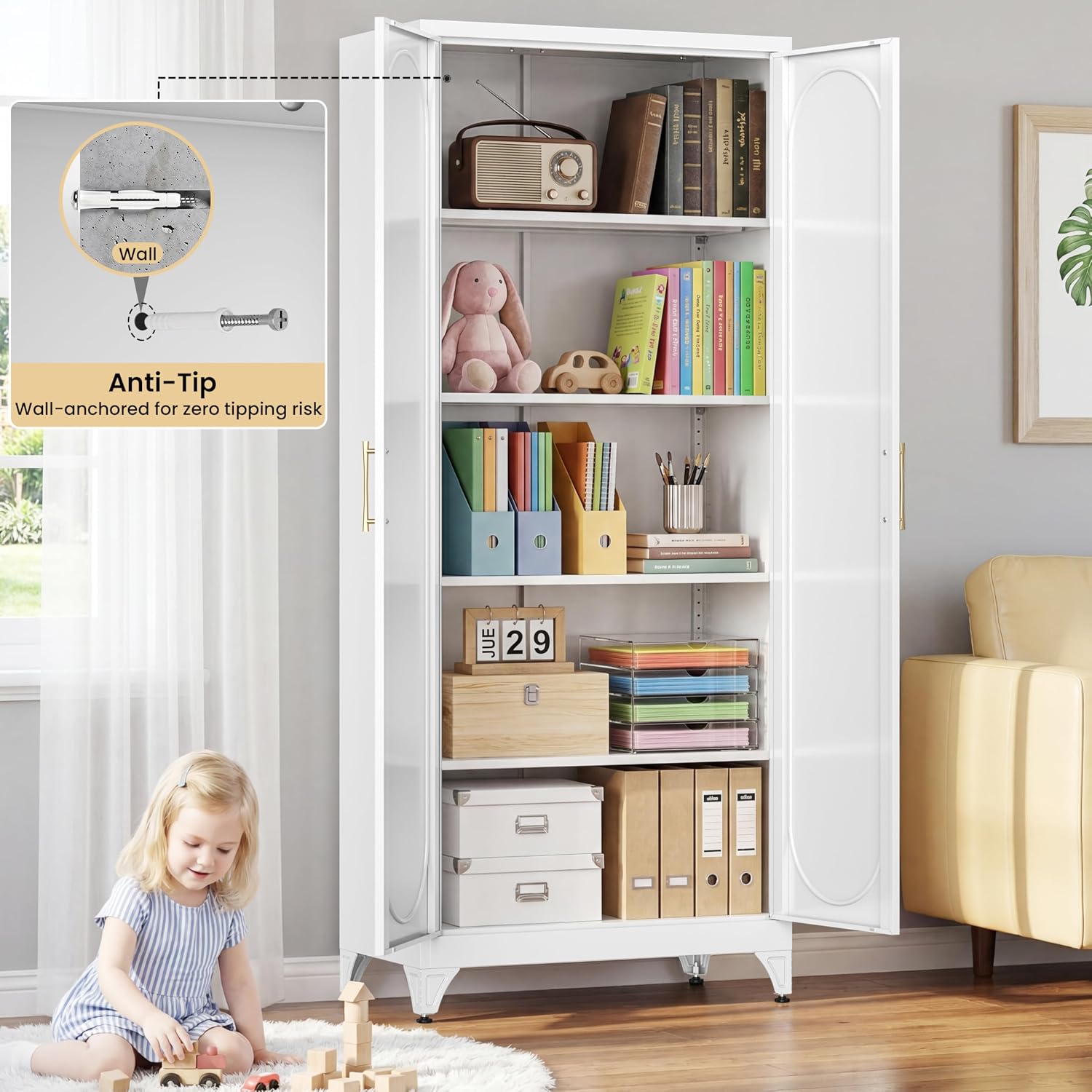 75' Tall Metal Storage Cabinet with 2 Doors and 4 Adjustable Shelves, 32'W x 16'D Heavy Duty Steel Pantry Cabinet for Kitchen, Garage, Home Office and Laundry Room, Cold-Rolled Steel, White