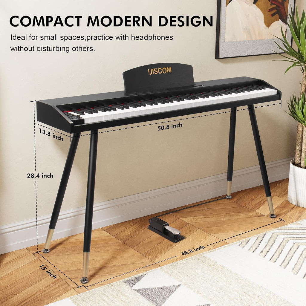 UISCOM Digital Piano Keyboard for Beginners,Full Size 88 Key Semi-Weighted Keyboard Electric Piano with Stand,Power Adapter,Sheet Music Stand,Pedal,Headphone,USB-MIDI Compatibility,Wood Black
