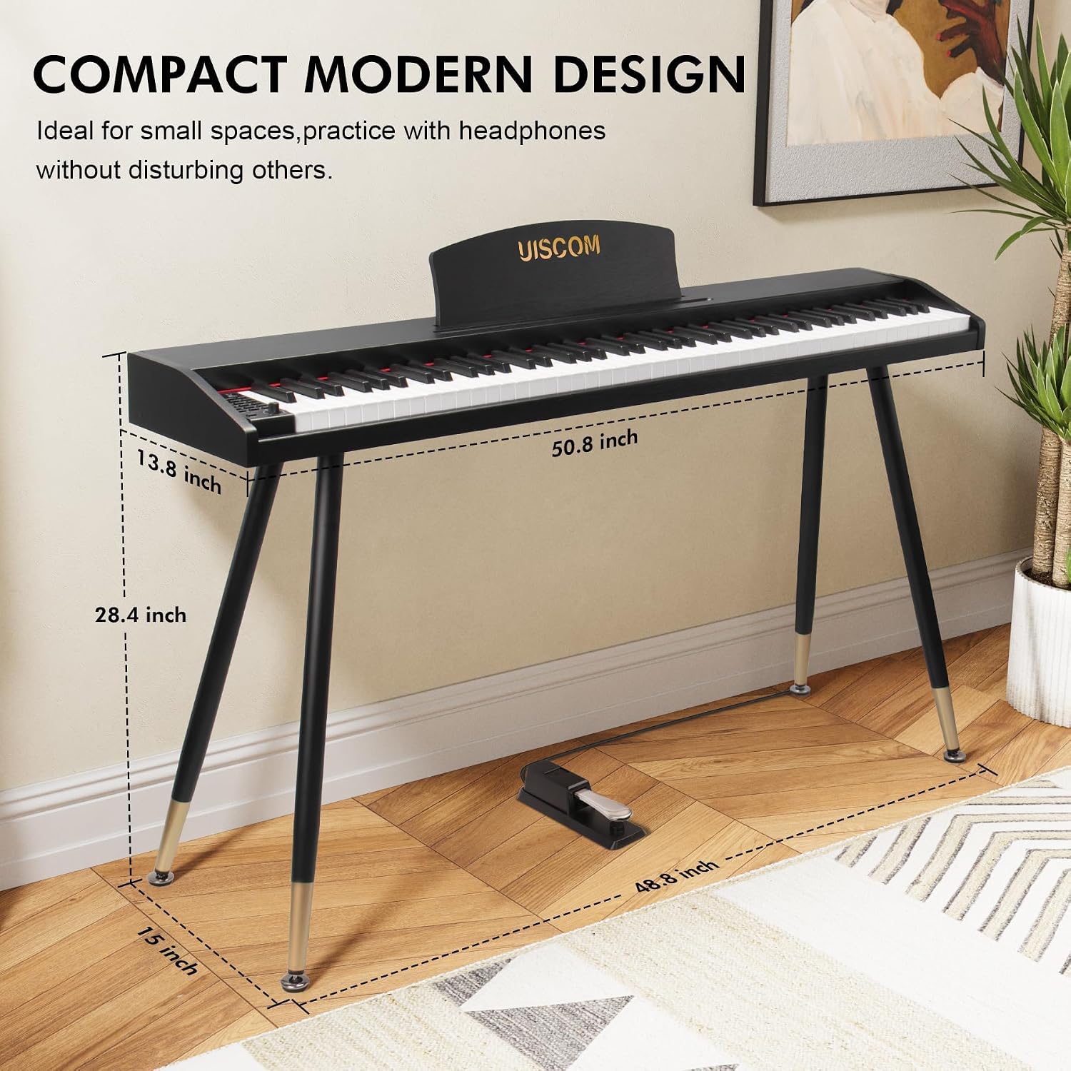 UISCOM Digital Piano Keyboard for Beginners,Full Size 88 Key Semi-Weighted Keyboard Electric Piano with Stand,Power Adapter,Sheet Music Stand,Pedal,Headphone,USB-MIDI Compatibility,Wood Black