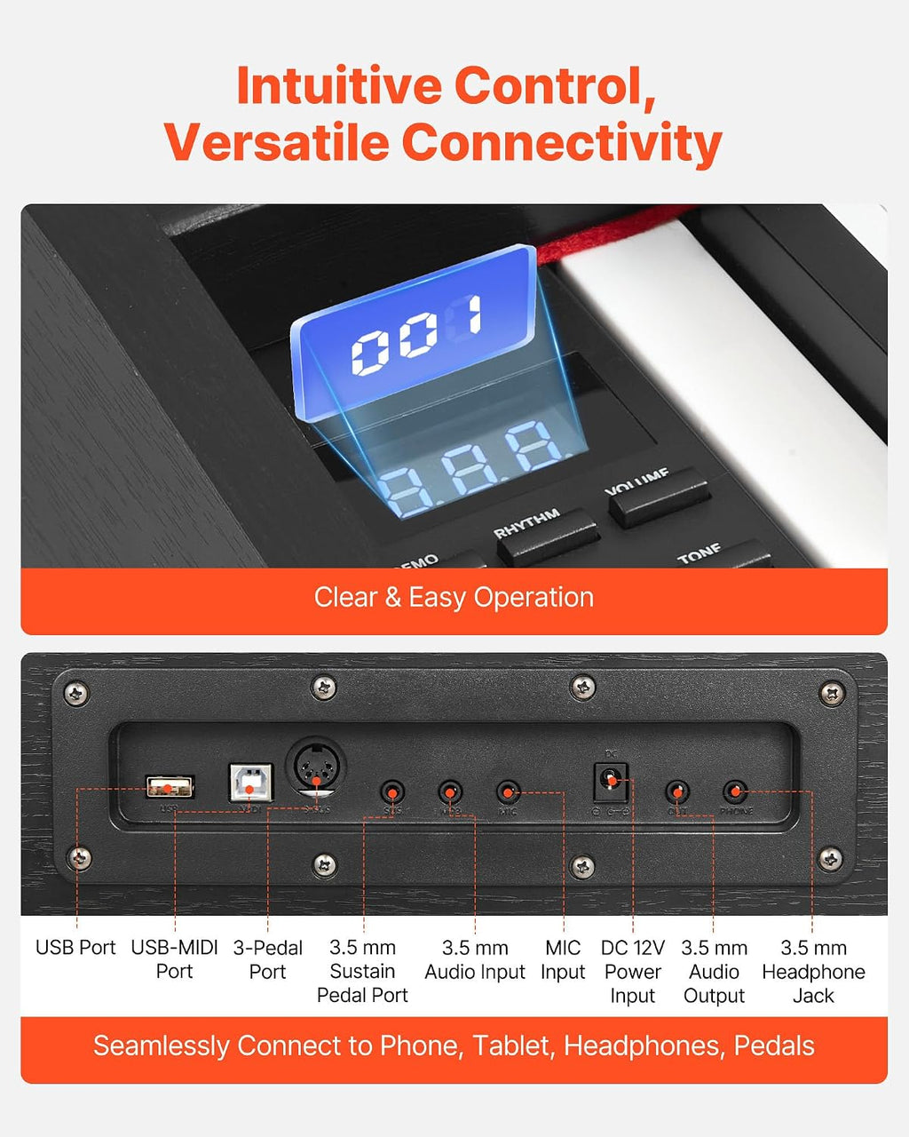 VEVOR Weighted Digital Piano, 88 Keys Fully Weighted, Electric Piano Dual Keyboard & Speakers, with Sustain Pedal, Recording Function, 238 Tones, Wireless Connection, for Beginners, Without Stand