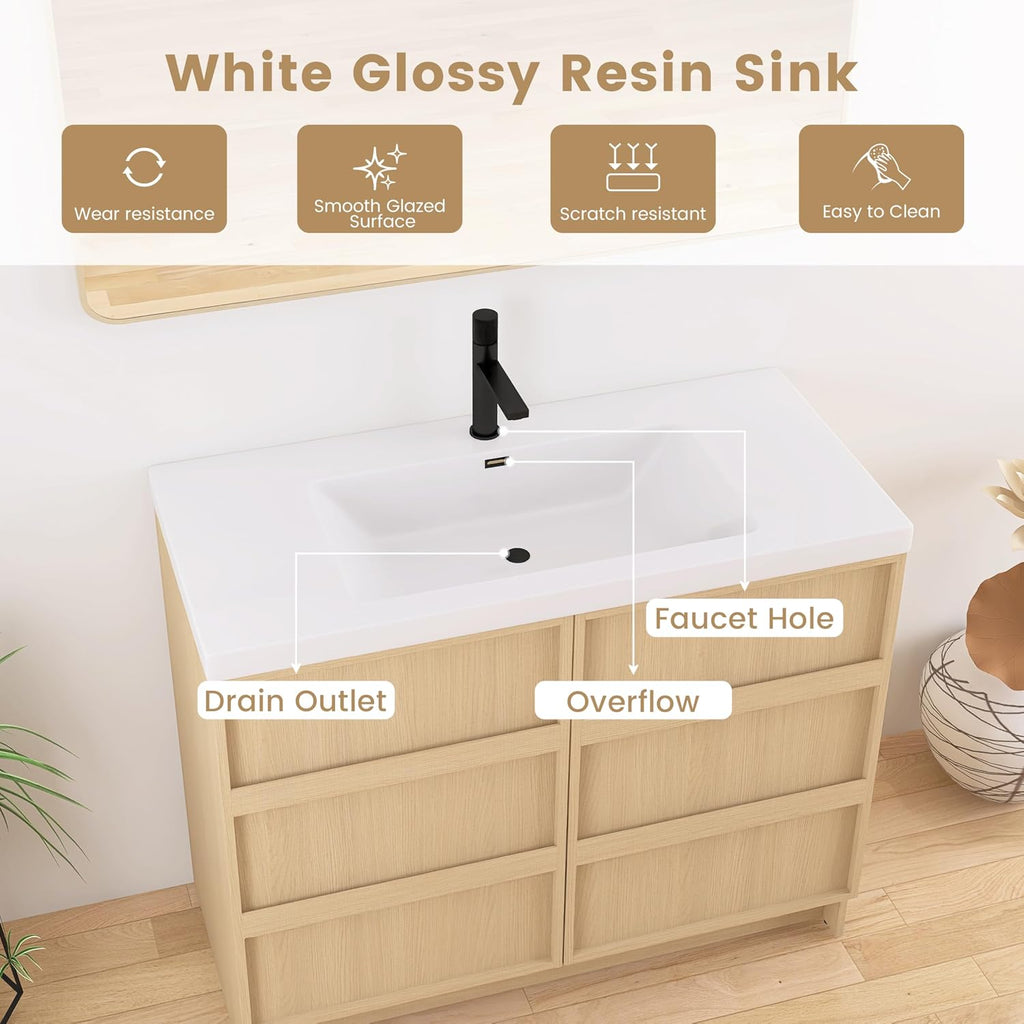 42 Inch Bathroom Vanity with Sink, 42' Freestanding Storage Cabinet Combo, 2 Soft Close Doors and Resin Basin, Modern Brown Floor Standing Vanity Set, Plywood Construction