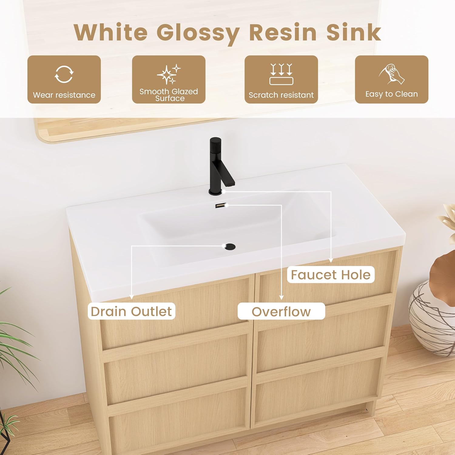 42 Inch Bathroom Vanity with Sink, 42' Freestanding Storage Cabinet Combo, 2 Soft Close Doors and Resin Basin, Modern Brown Floor Standing Vanity Set, Plywood Construction