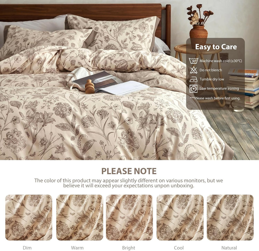 100% Cotton Botanical Duvet Cover Queen Size, Reversible Floral Bedding Set, Soft Breathable Brushed Cotton Vintage Cottagecore Neutral Duvet Cover with Zipper, All Season (Brown, 90'x90')