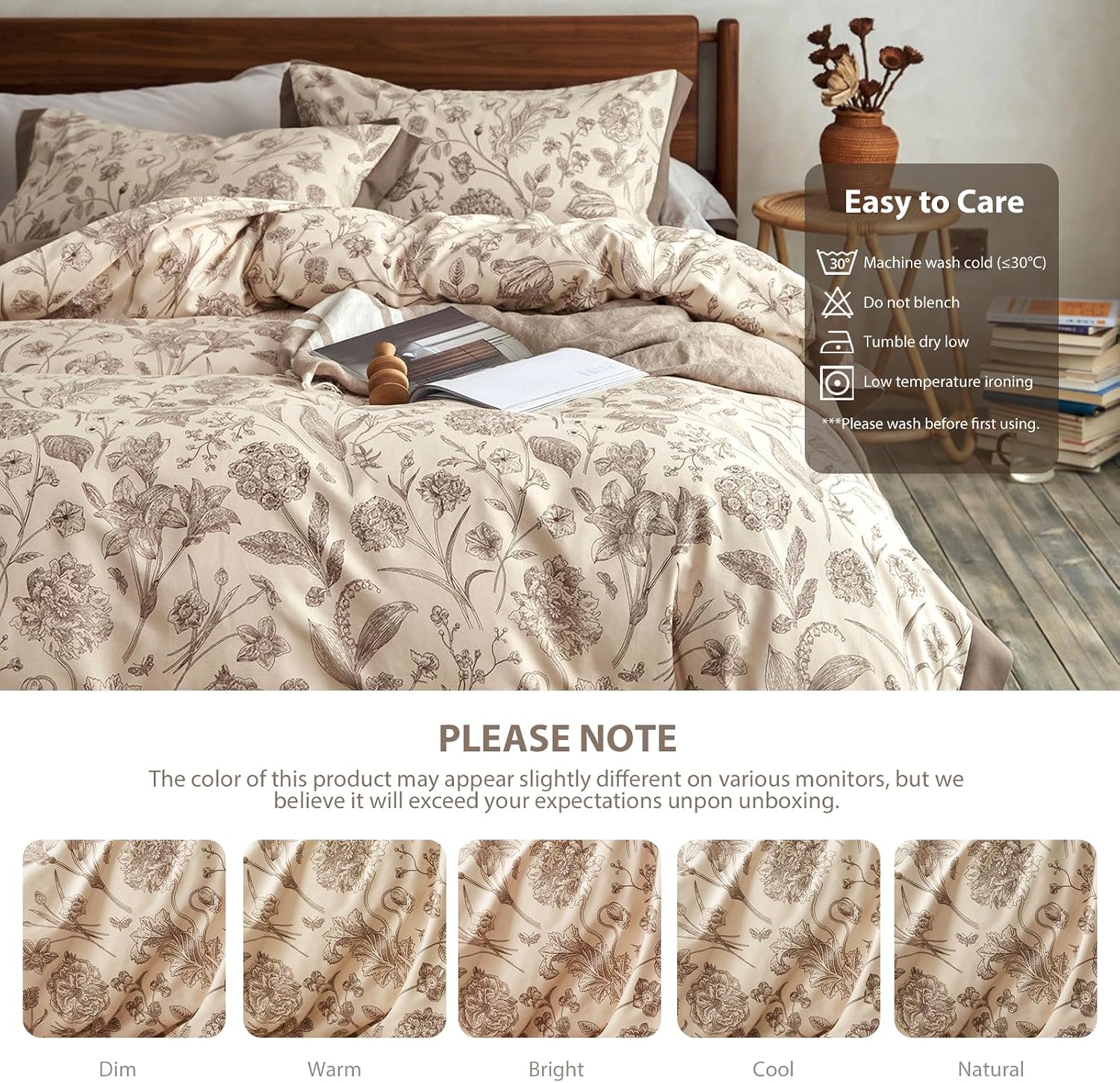 100% Cotton Botanical Duvet Cover Queen Size, Reversible Floral Bedding Set, Soft Breathable Brushed Cotton Vintage Cottagecore Neutral Duvet Cover with Zipper, All Season (Brown, 90'x90')