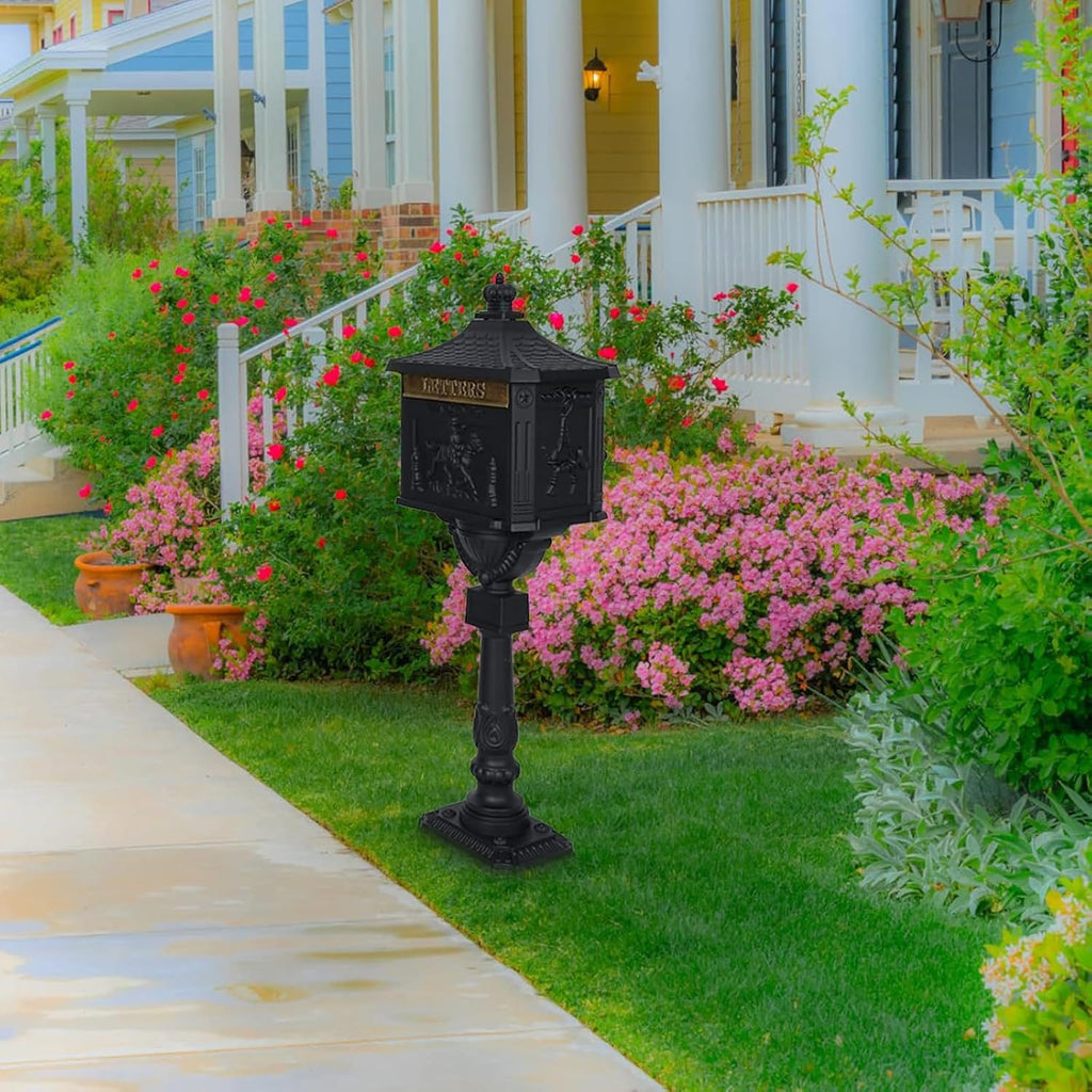 Cast Aluminum Mailbox Postal Box, Locking Mailbox for Outside with Keys, Curbside Mail Manager Outside Weatherproof Rustproof Security Post-Mount Mail Box (Black)
