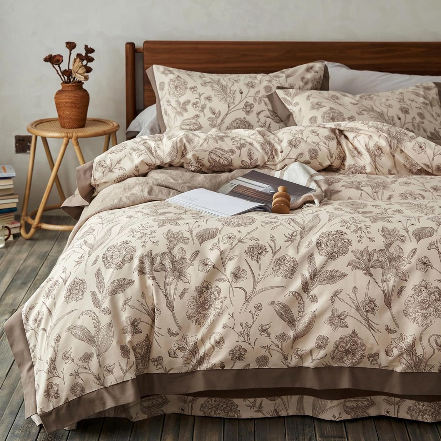 100% Cotton Botanical Duvet Cover Queen Size, Reversible Floral Bedding Set, Soft Breathable Brushed Cotton Vintage Cottagecore Neutral Duvet Cover with Zipper, All Season (Brown, 90'x90')