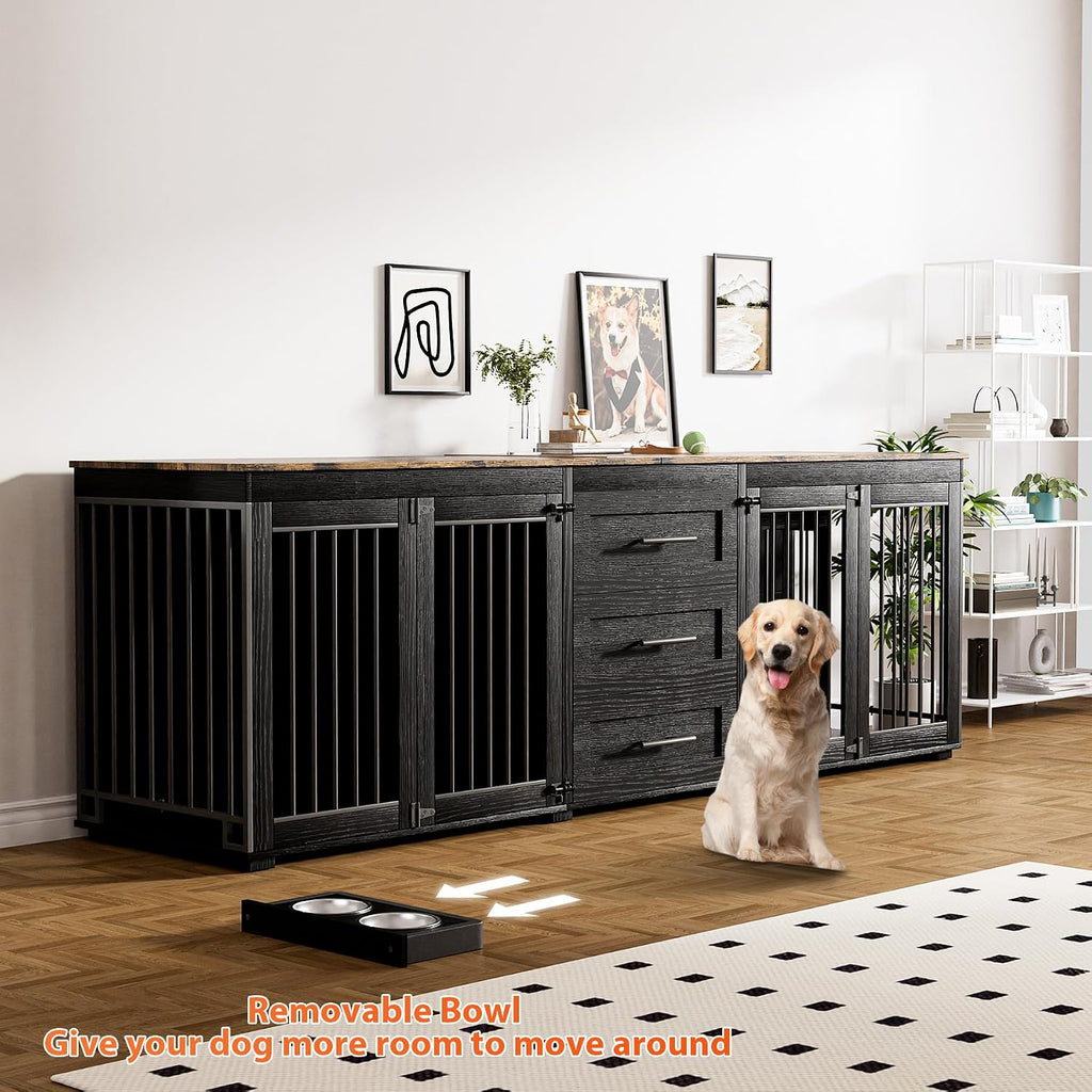 Rophefx 94.5' Dog Crate Furniture for 2 Dogs, Large Dog Kennel Furniture with 3 Storage Drawer, Wooden Dog Cage with 4 Bowls, Indoor Dog House TV Stand with Locks for Large Medium Dog, Black