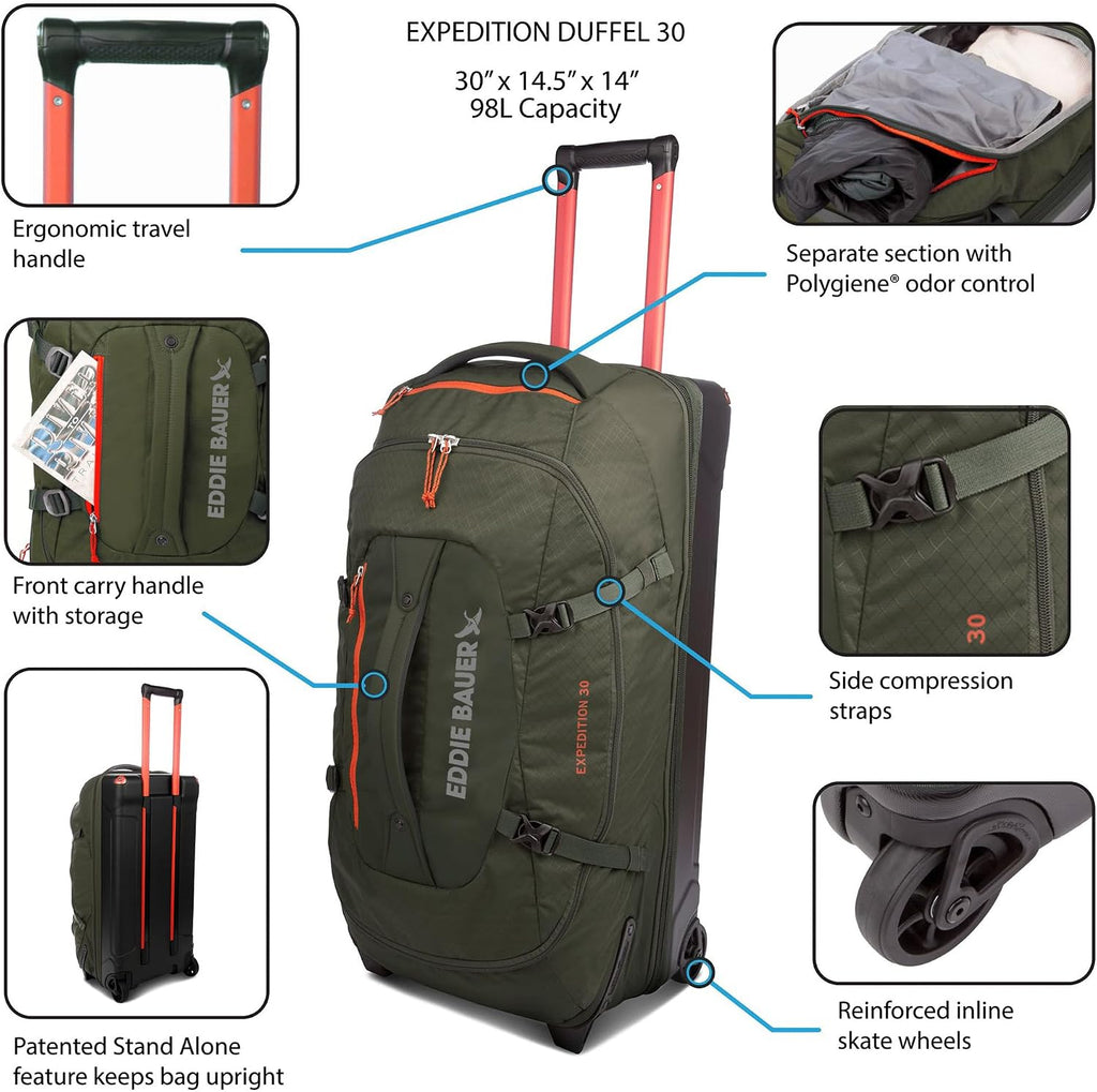 Eddie Bauer Expedition Rolling Duffel Bag with Wheels | Travel | Check-In | Luggage | Rugged | Durable - Storm, 30'
