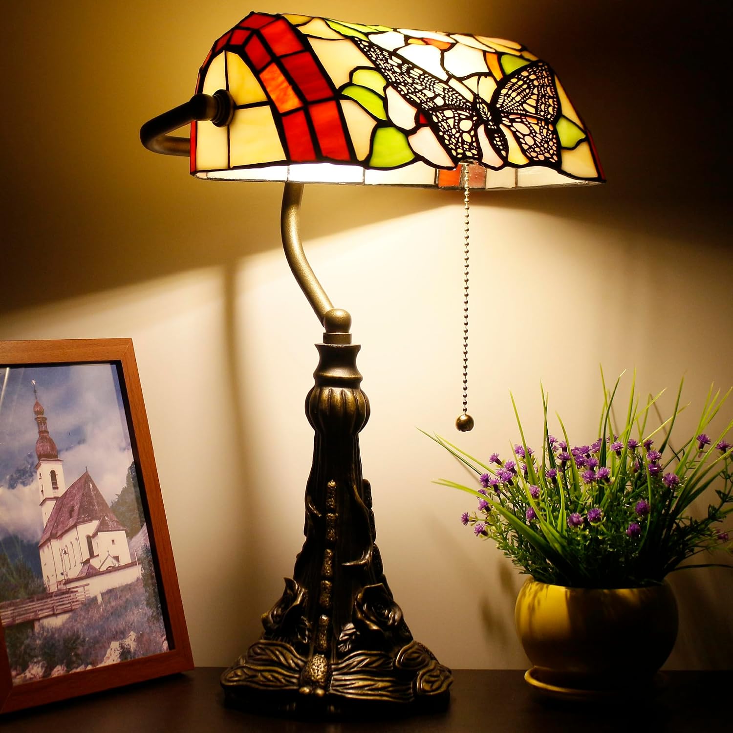 Tiffany Banker Lamp Small Stained Glass Table Lamp Tiffany Style Piano Light Desk Lamp Angle Adjustable 10.6X15.7 Inch for Home Office Living Room Bedroom (Butterfly in Flower Style)