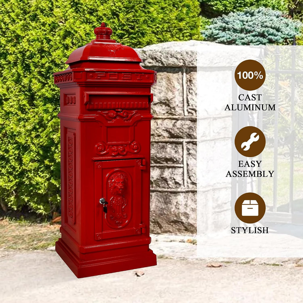 Vintage Large-Capacity Cast Aluminum Mailbox, Outdoor Weatherproof Floor Standing Postbox, Decorative Copper Finish Letter Box with Lock, Roman Column Design for Home Use (Red)
