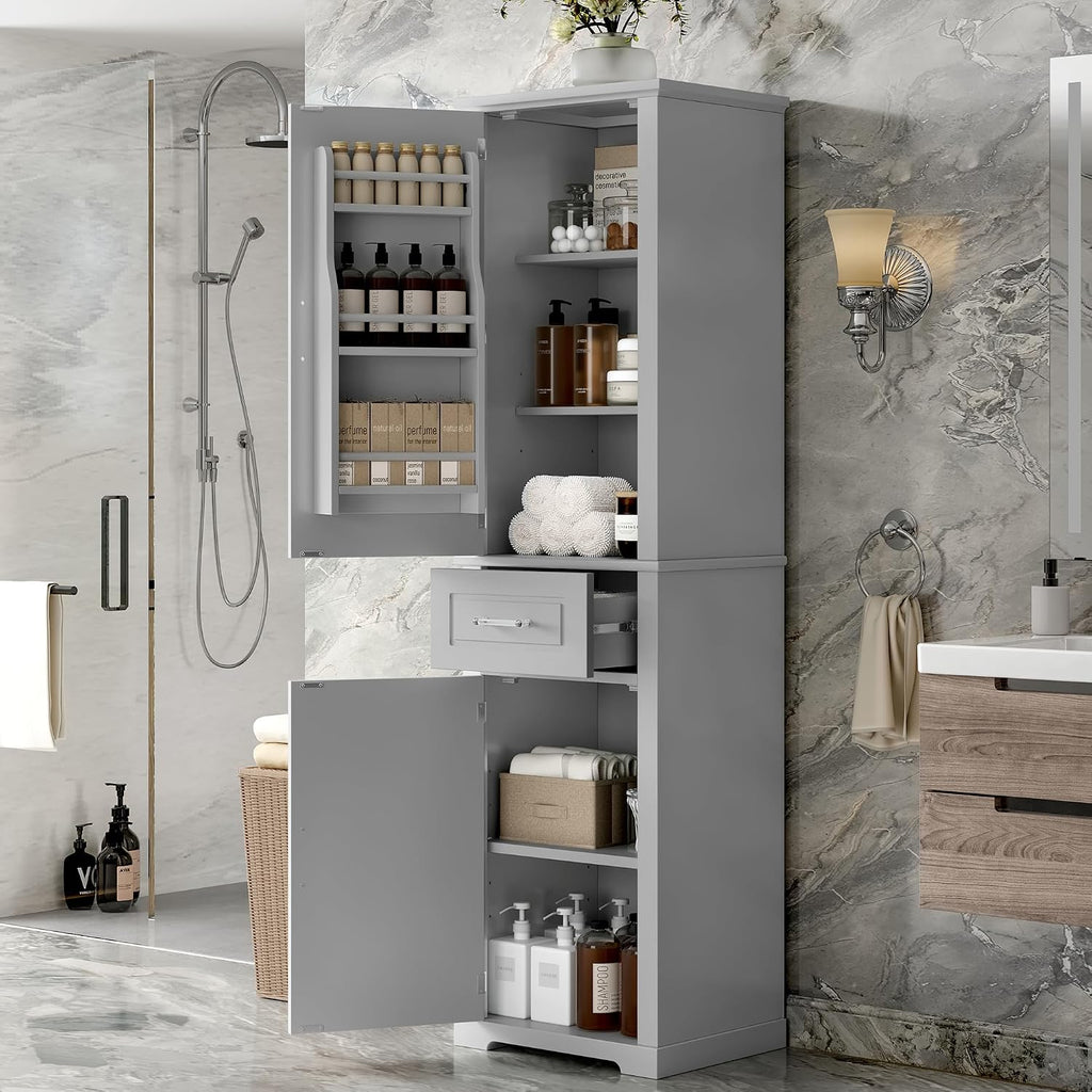 Tall Bathroom Storage Cabinet, Freestanding Bathroom Accent Storage Cabinet with Doors & Adjustable Shelves & Built-in Door Shelf for Home Kitchen, Living Room (Grey Style3)