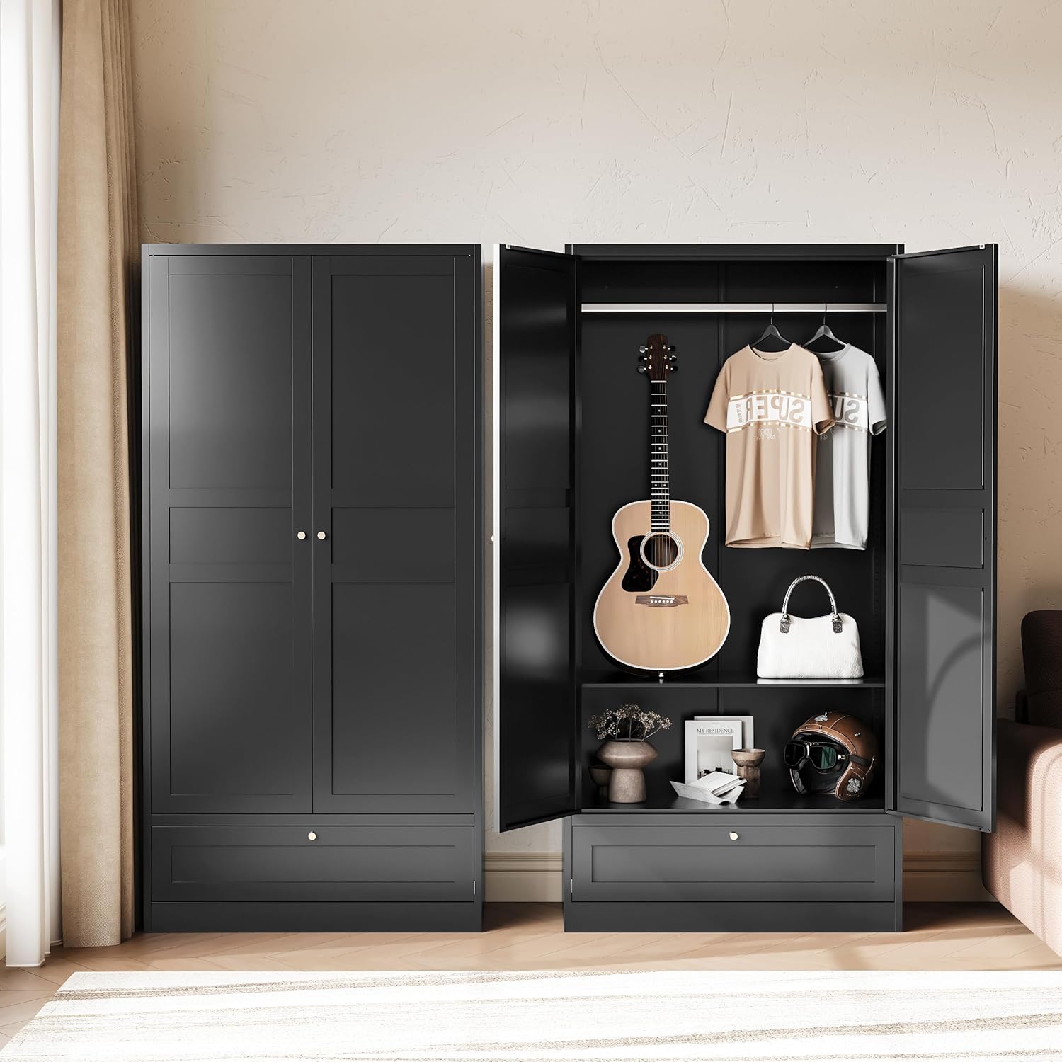 Letaya Wardrobe Closet,72' H Clothing Metal Storage Cabinet with Storage Drawer Adjustable Shelves and Hanging Rod,Bedroom Armoire Cabinet Clothes Organizer (Black)