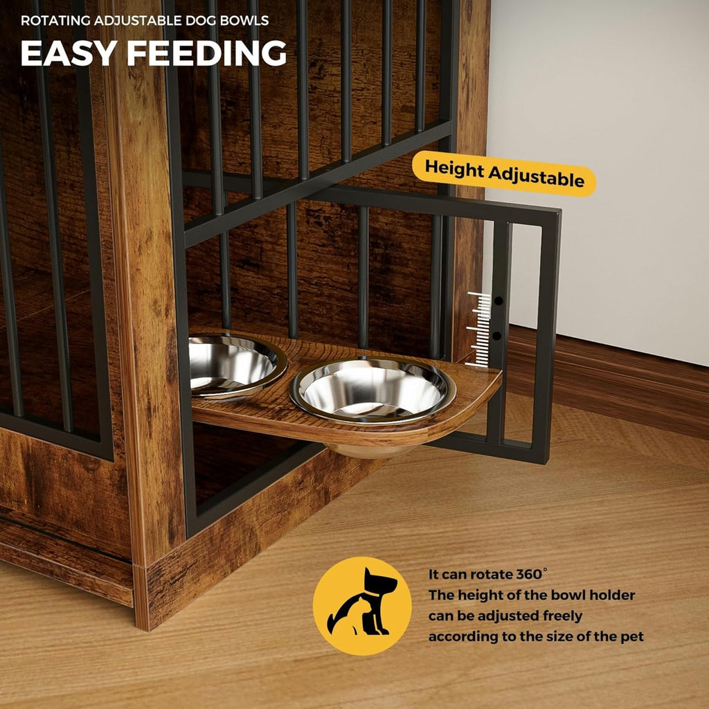 63' Double Dog Crate Furniture – Wooden Dog Kennel Indoor with Sliding Doors, Adjustable Bowls & Storage Drawers – Large Dog Crate TV Stand for 2 Dogs, Burnt Wood Color