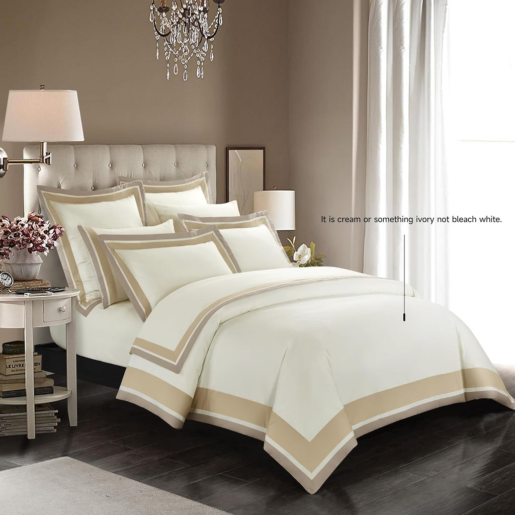Casabolaj Shading 3 Pieces Do Not Include Filling Duvet Cover Set 100% Egyptian Cotton Sateen Luxury 400 Thread Count-Classic and Contemporary Frame Patchwork Cream/Beige/Champange(Queen)