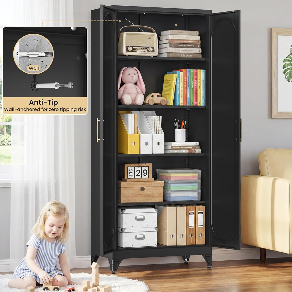 75' Tall Metal Storage Cabinet with 2 Doors and 4 Adjustable Shelves, 32'W x 16'D Heavy Duty Steel Pantry Cabinet for Kitchen, Garage, Home Office and Laundry Room, Cold-Rolled Steel, Black