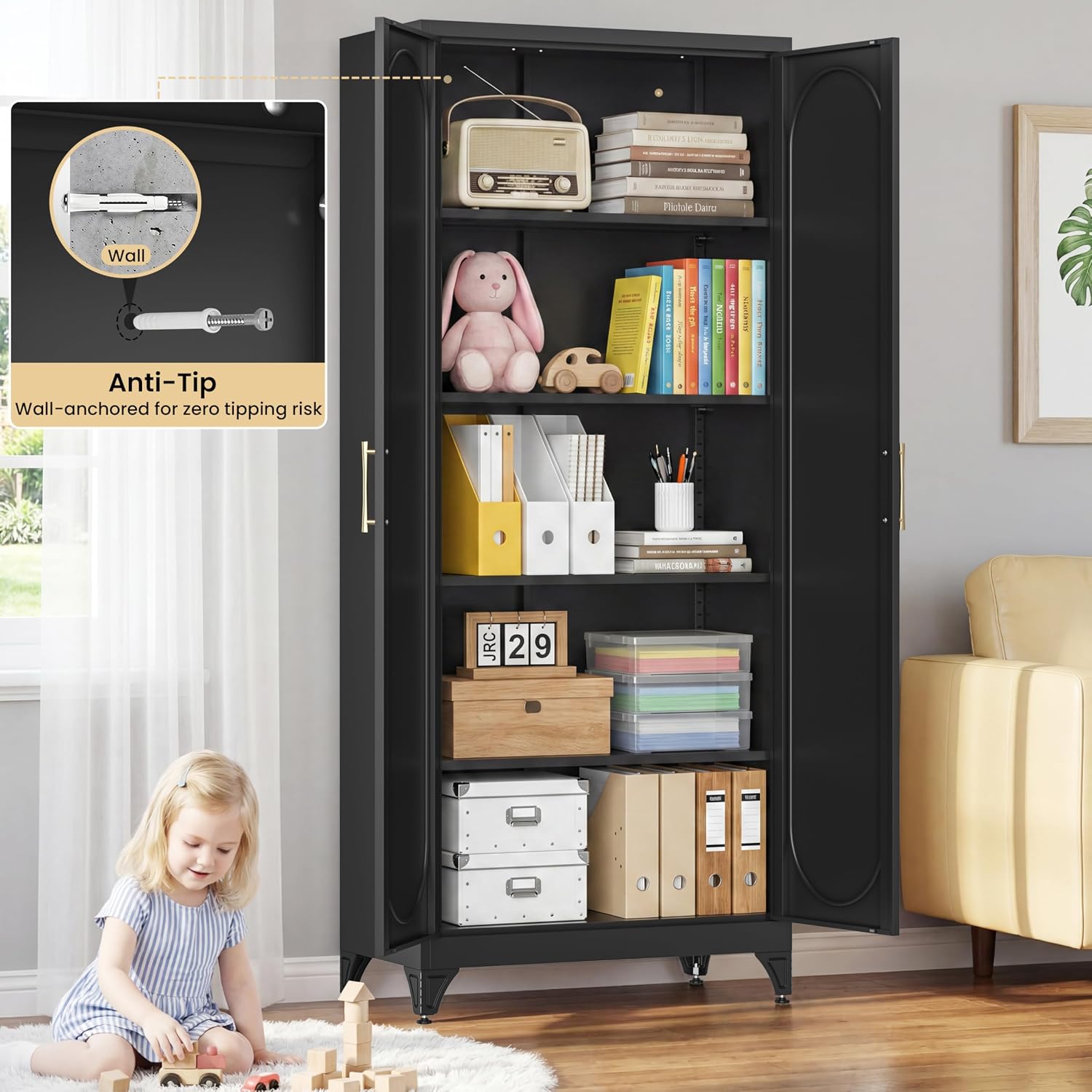 75' Tall Metal Storage Cabinet with 2 Doors and 4 Adjustable Shelves, 32'W x 16'D Heavy Duty Steel Pantry Cabinet for Kitchen, Garage, Home Office and Laundry Room, Cold-Rolled Steel, Black