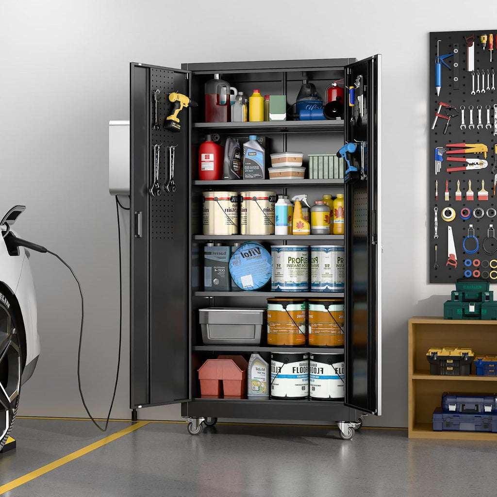 Aobabo Upgraded Garage Storage Cabinets with Wheels,Metal Storage Cabinets with 5 Adjustable Shelves for Garage Home Office Storage, Black,71''H*34''W*18''D,Assembly Required
