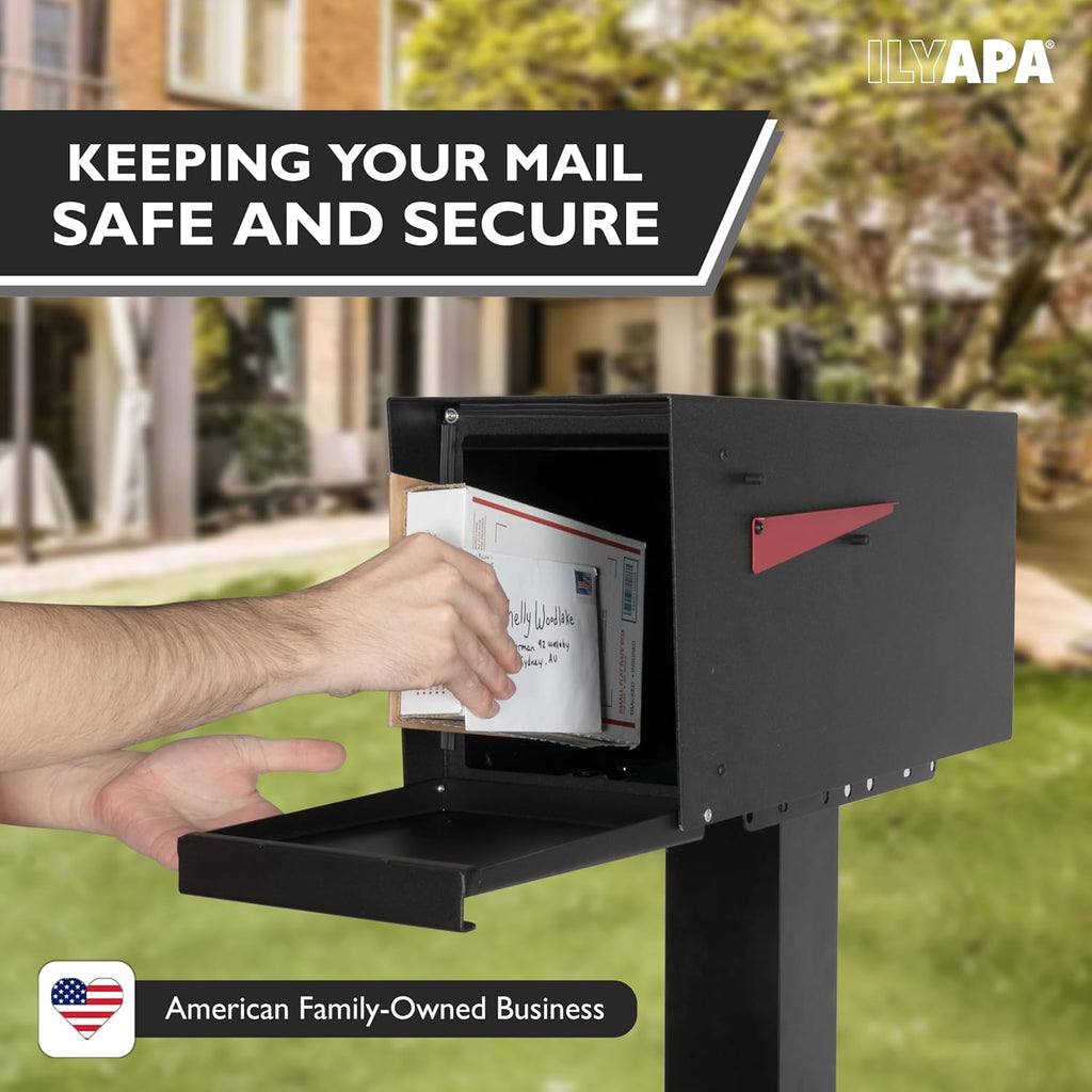 Ilyapa Indestructible Heavy Duty Modern Mailboxes for Outside Post Mount - 21x10x 8 Inch Large Mailbox, Black Heavy Gauge Metal Mail Box - Mail Boxes for House Outside, Rural, Residential or Curbside