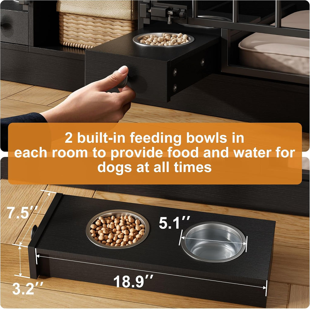 Garvee Dog Crate Furniture for 2 Dogs, Dog Kennel Indoor with Storage and Feeding Bowls, Double Dog Crate TV Stand for Small Medium Dogs, Black