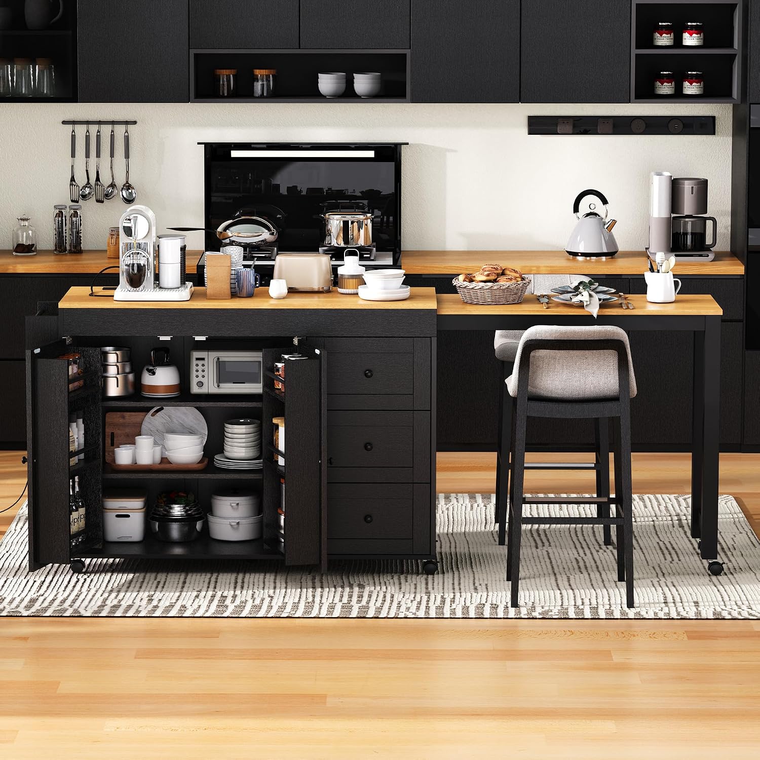 RUNNA Kitchen Island with Extendable Dining Table,Storage Cart with 3 Drawers,Power Outlet,Rolling Island on Wheels with Spice Rack and 2 Door Cabinet,for Kitchen (Black@01)