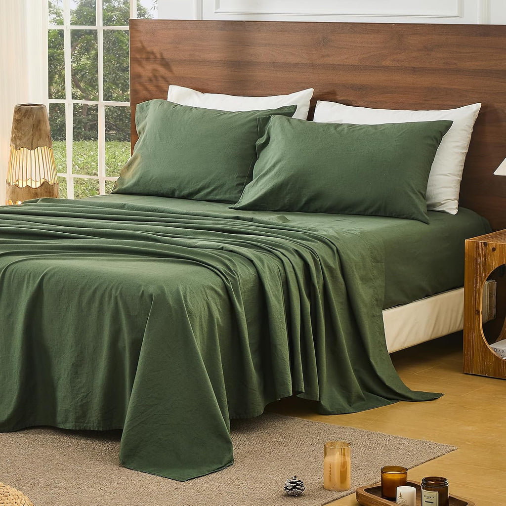 Bedlifes 100% French Pure Linen Sheets Queen Size Breathable and Cooling Flax Sheet Set Soft Durable and Moisture Wicking 16 Inch Deep Pocket-4 Piece(Queen,Forest Green)